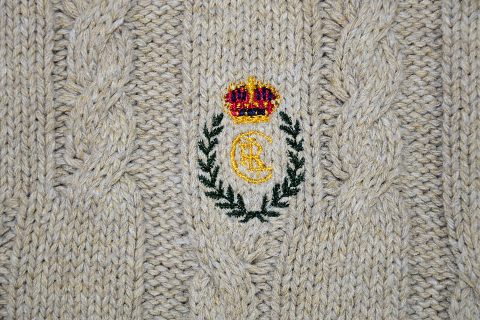 Vintage Chaps Ralph Lauren Sweater Size M 90s Oatmeal Cable Knit Crew Made USA