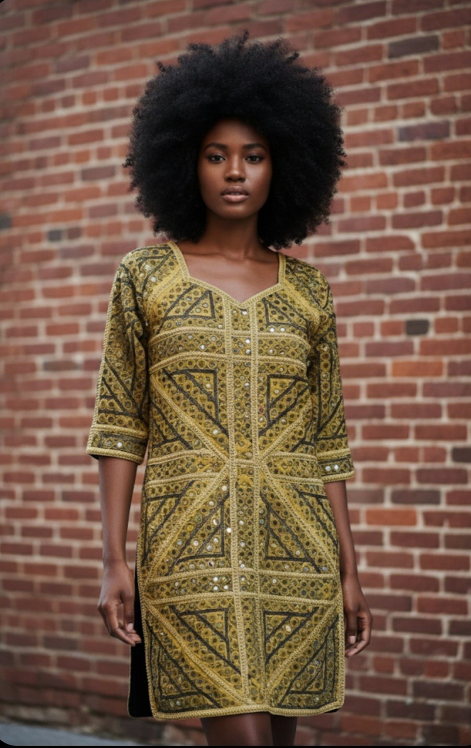 Vintage Embroidered Mustard Brown Ethnic Tunic Top Dress Heavy Tapestry L Long
