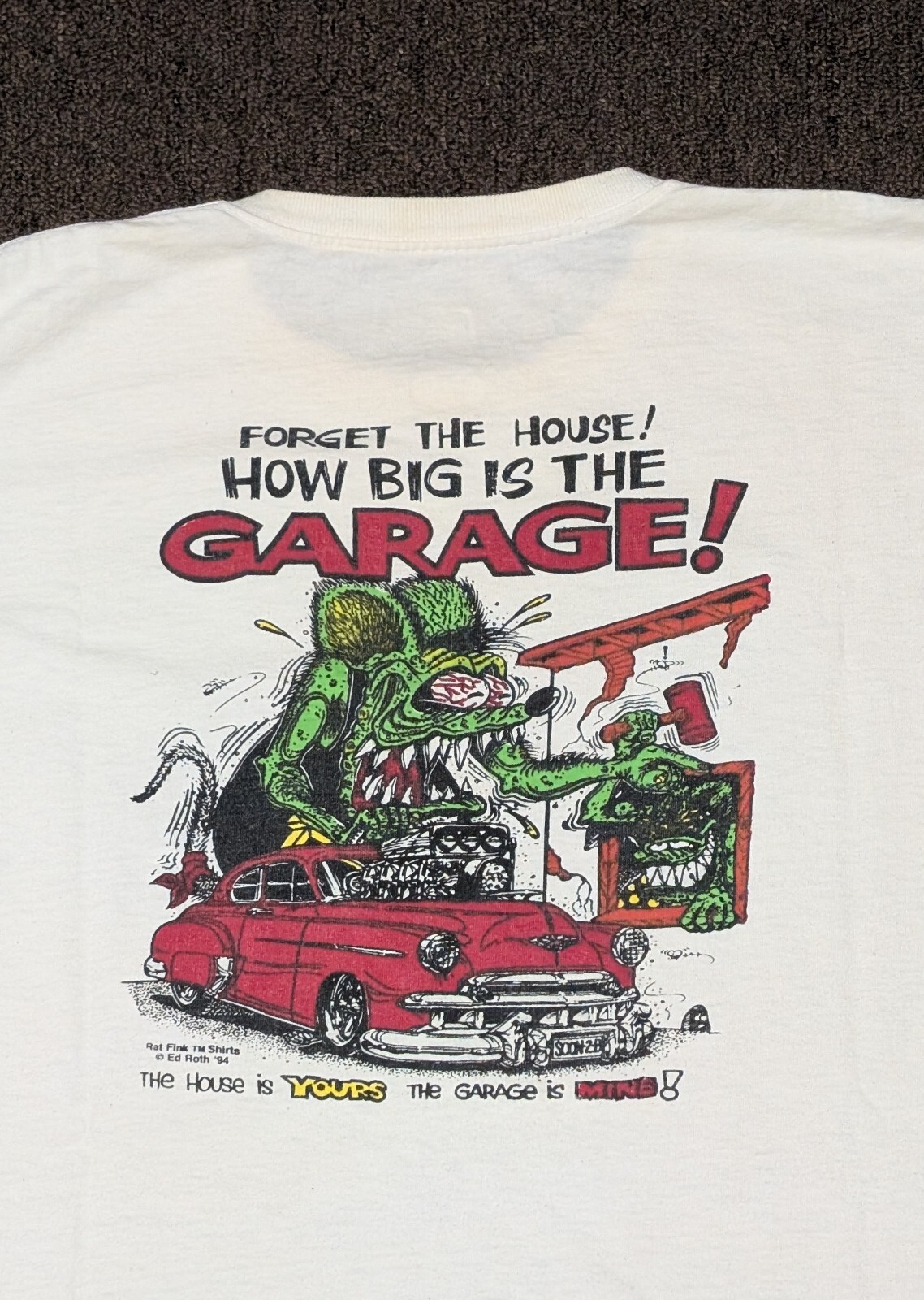 VTG Rat Fink T Shirt ’84 Ed Roth Hot Rod Art “How Big is the Garage” ** READ **