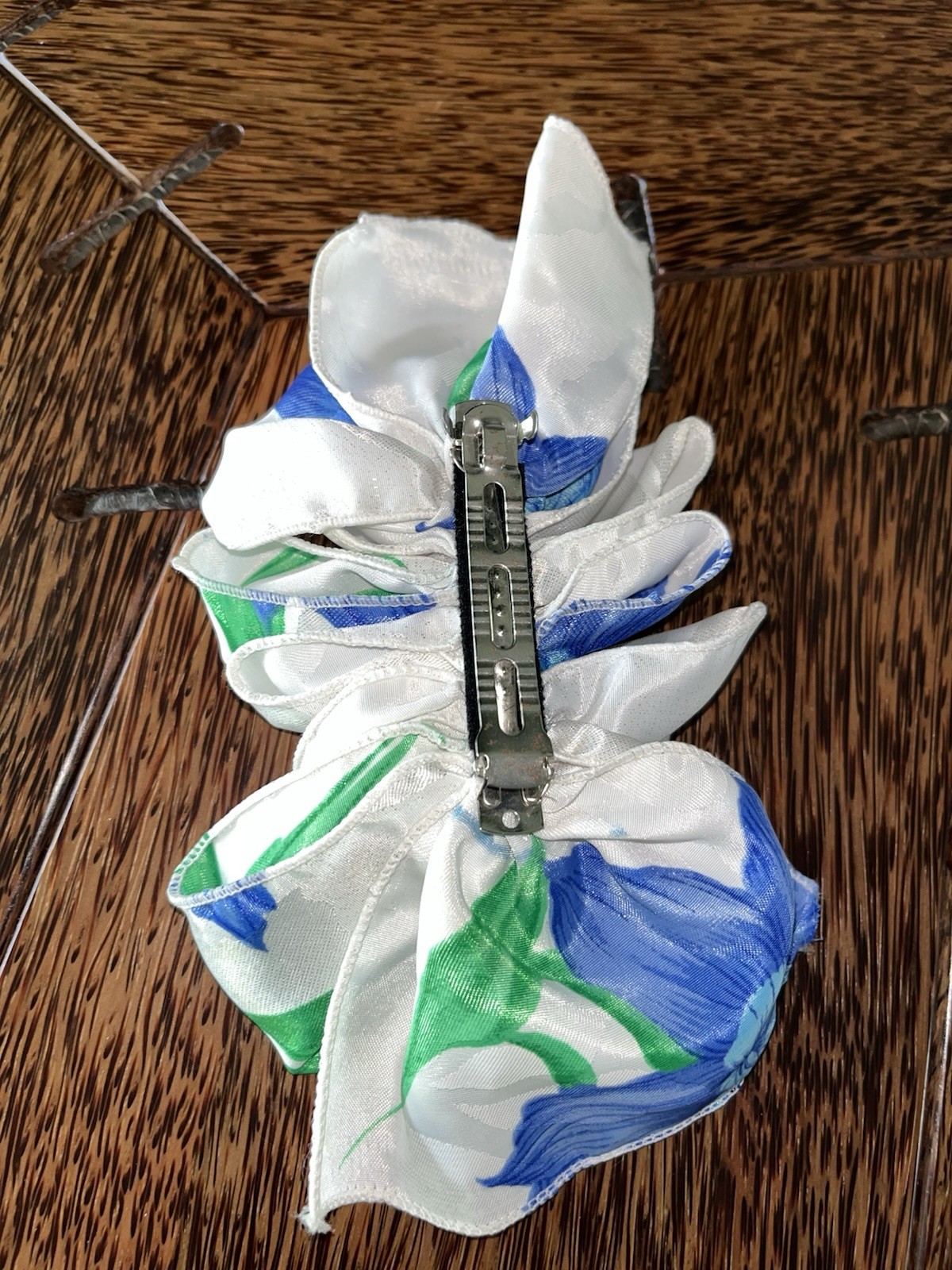 Vintage 1980s / 90s White, Blue & Green Floral Large Hair Bow Barrette Clip