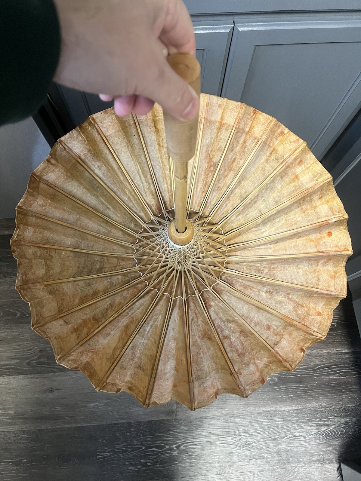 Two Vintage Japanese Paper Umbrellas Parasol Rice Paper Oil Bamboo Painted 26″