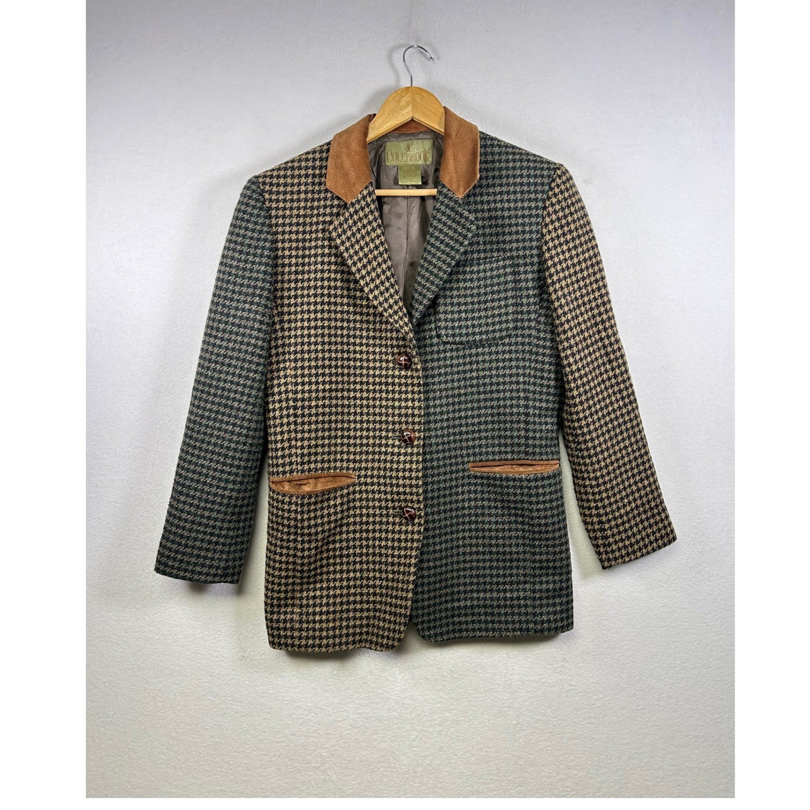 Vintage JL Colebrook Blazer Women 6 Green Tan Houndstooth Wool Blend Suede Trim
