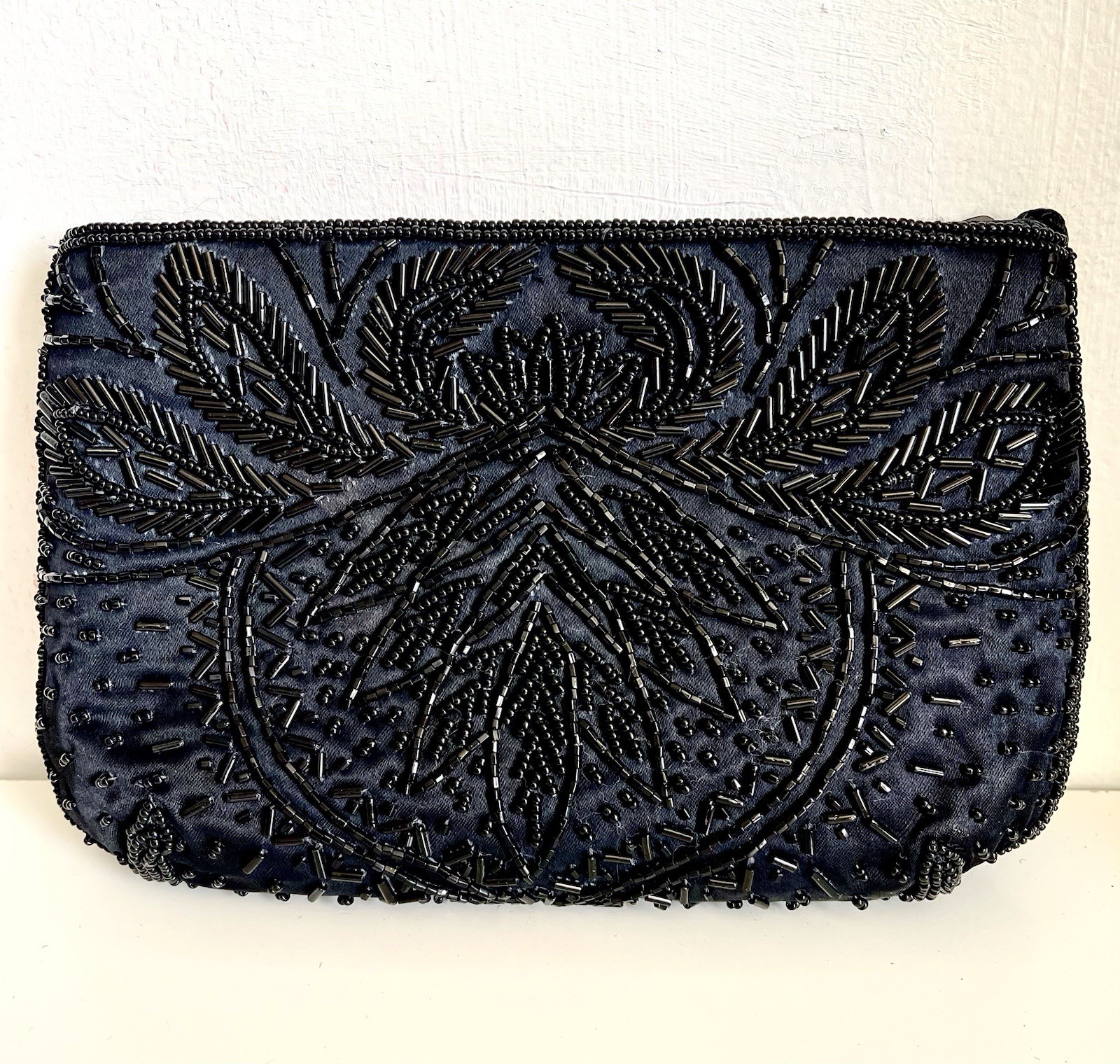 Vintage Look Black Cloth and Beaded Imperial Fashion Clutch Purse Evening Bag