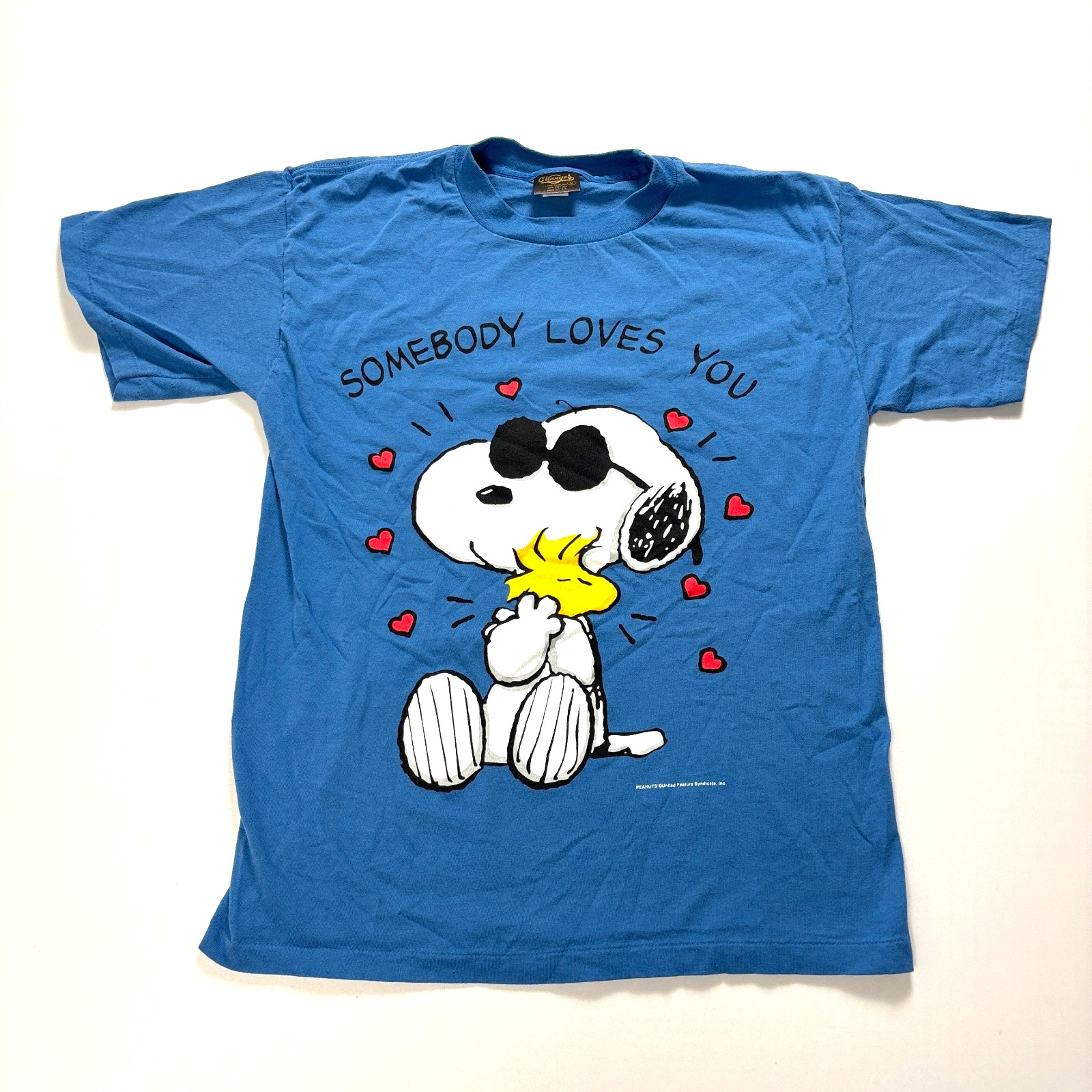 Vintage Peanuts Somebody Loves You Womens T Shirt Blue Sz M Snoopy Woodstock USA