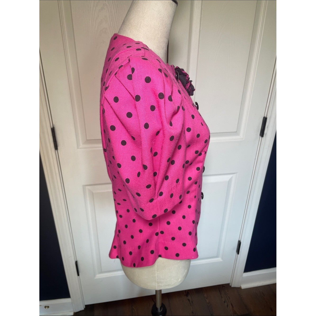VTG 80s Positive Attitude Pink Polka Dot Peplum Blouse Puff Sleeve Blazer Top M
