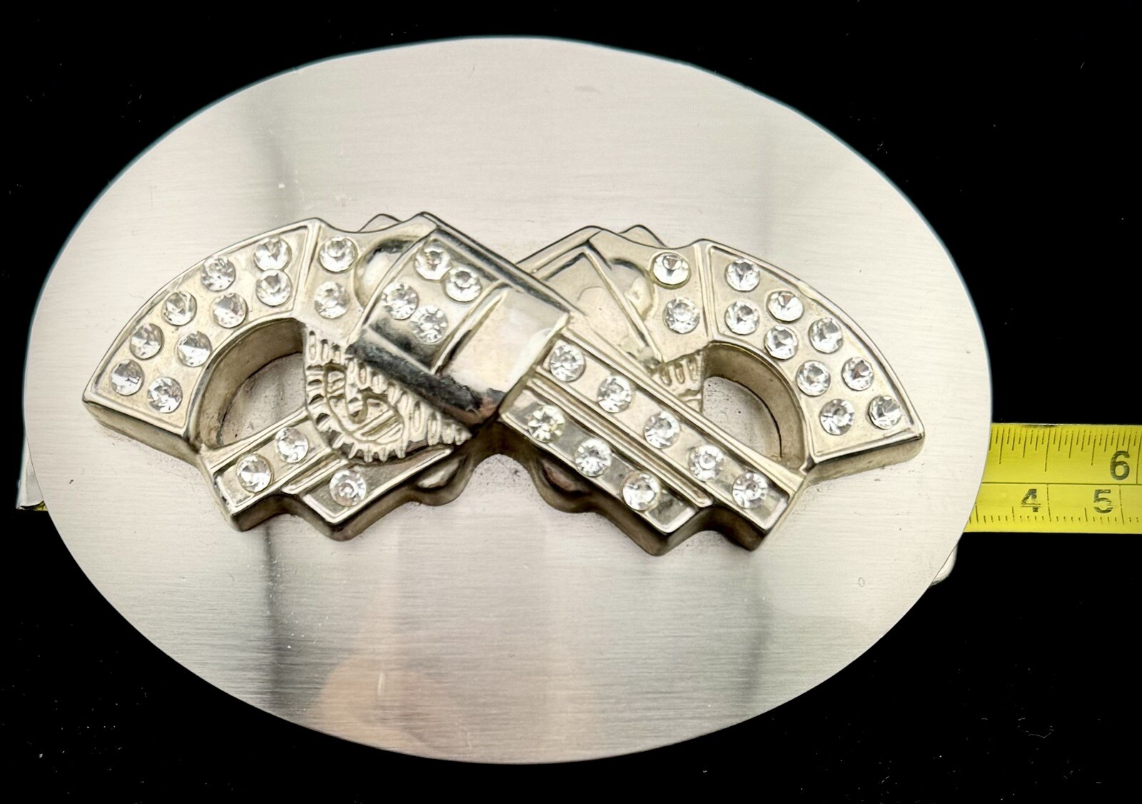 Crossed Guns Pistol Revolvers Six Shooters Rhinestone 5.25” Cowboy Belt Buckle