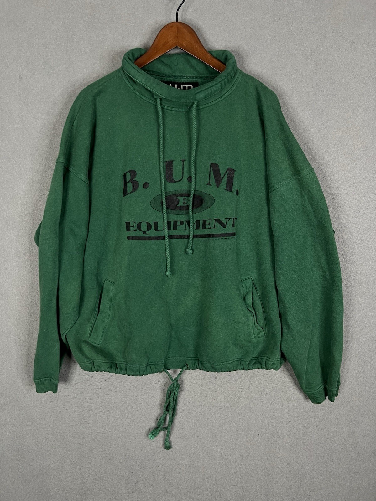 Vtg 1990s B.U.M. Equipment Green Pullover Hoodie Sweatshirt Spellout Size L