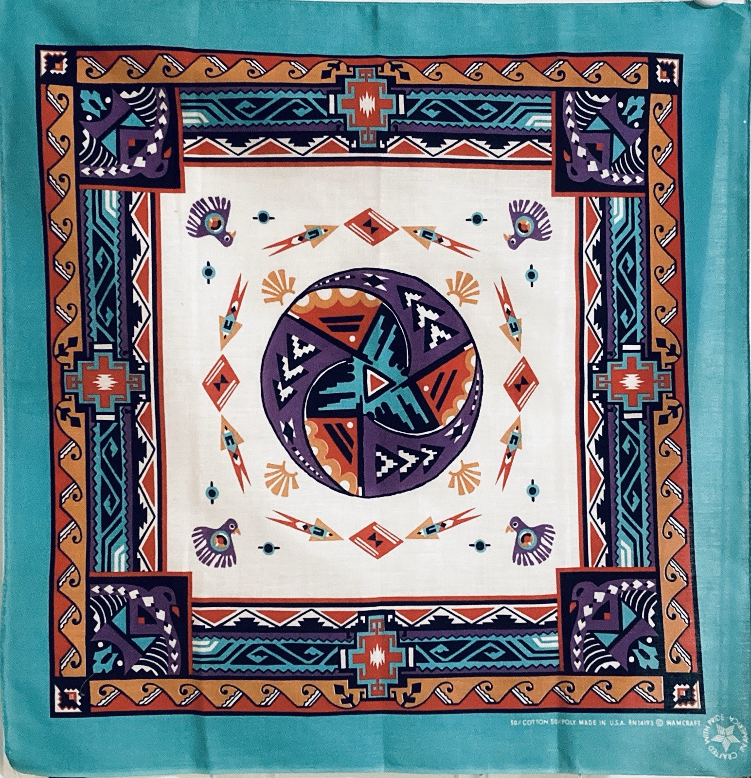 VTG Wamcraft Teal Purple Red Southwest Western Bandana Hankerchief 21″x21″ USA