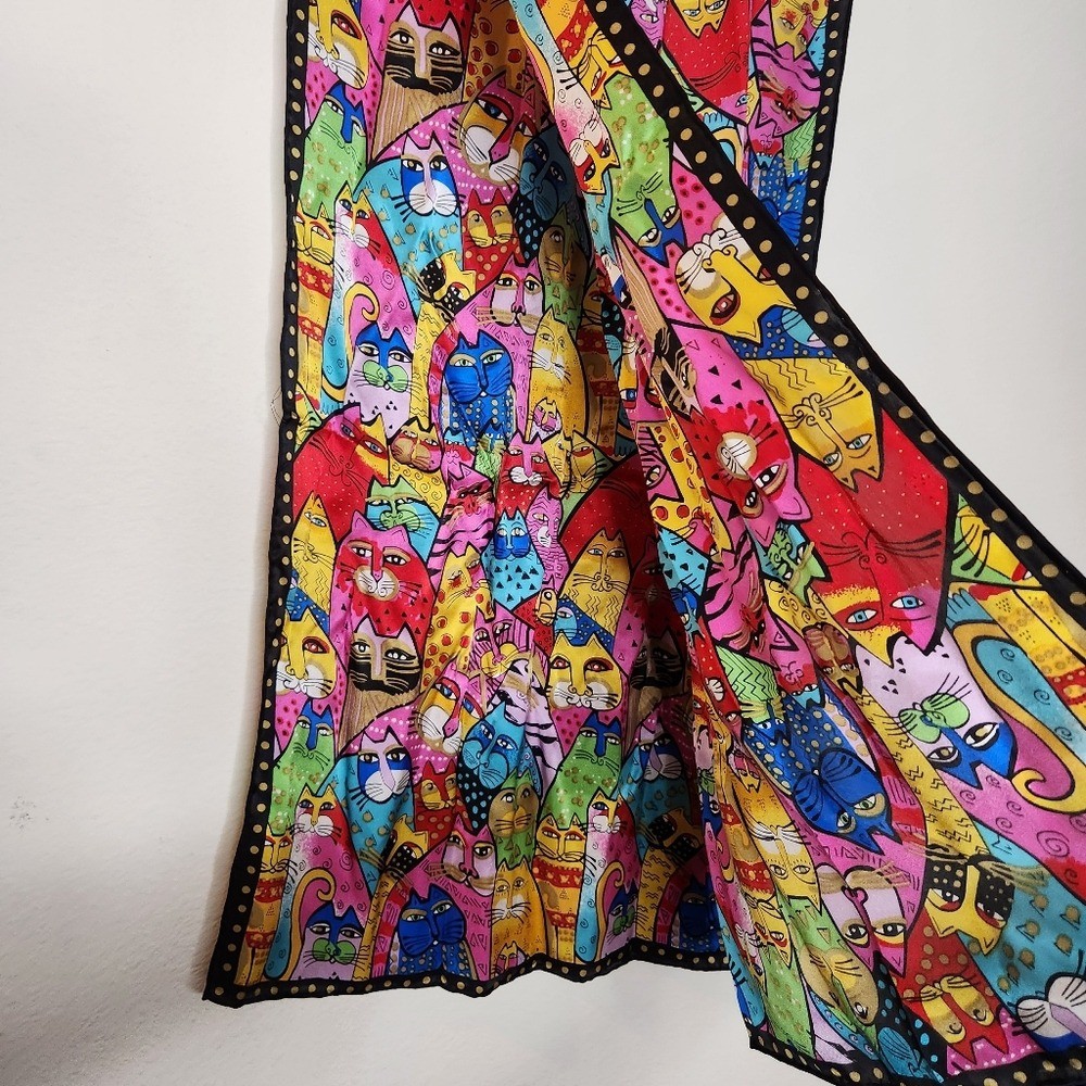 Laurel Burch Colorful Cat Scarf Vintage 100% Silk