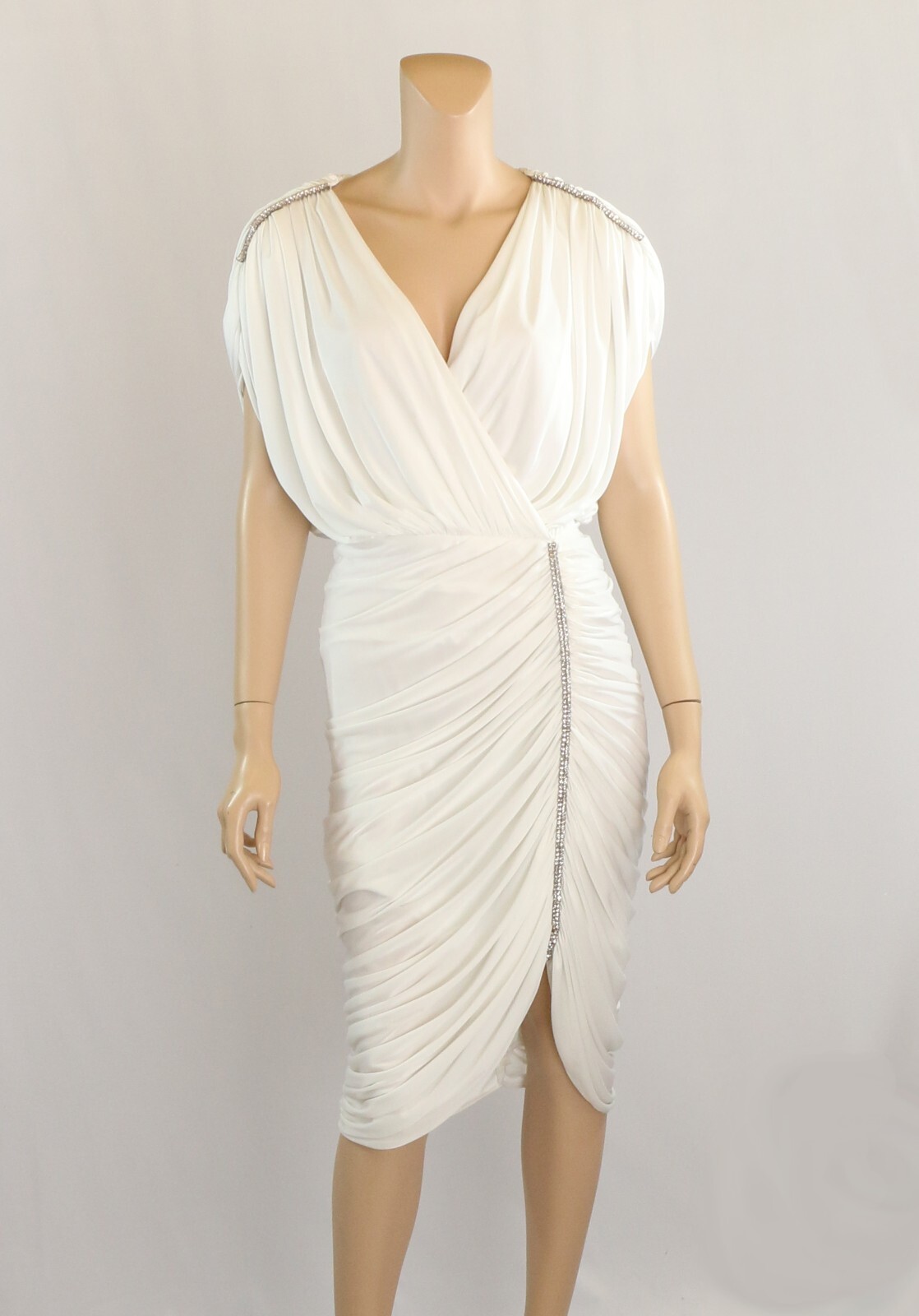 Unbranded Vintage 80s White Ruched Rhinestone Sexy Party Prom Dress sz 5/6