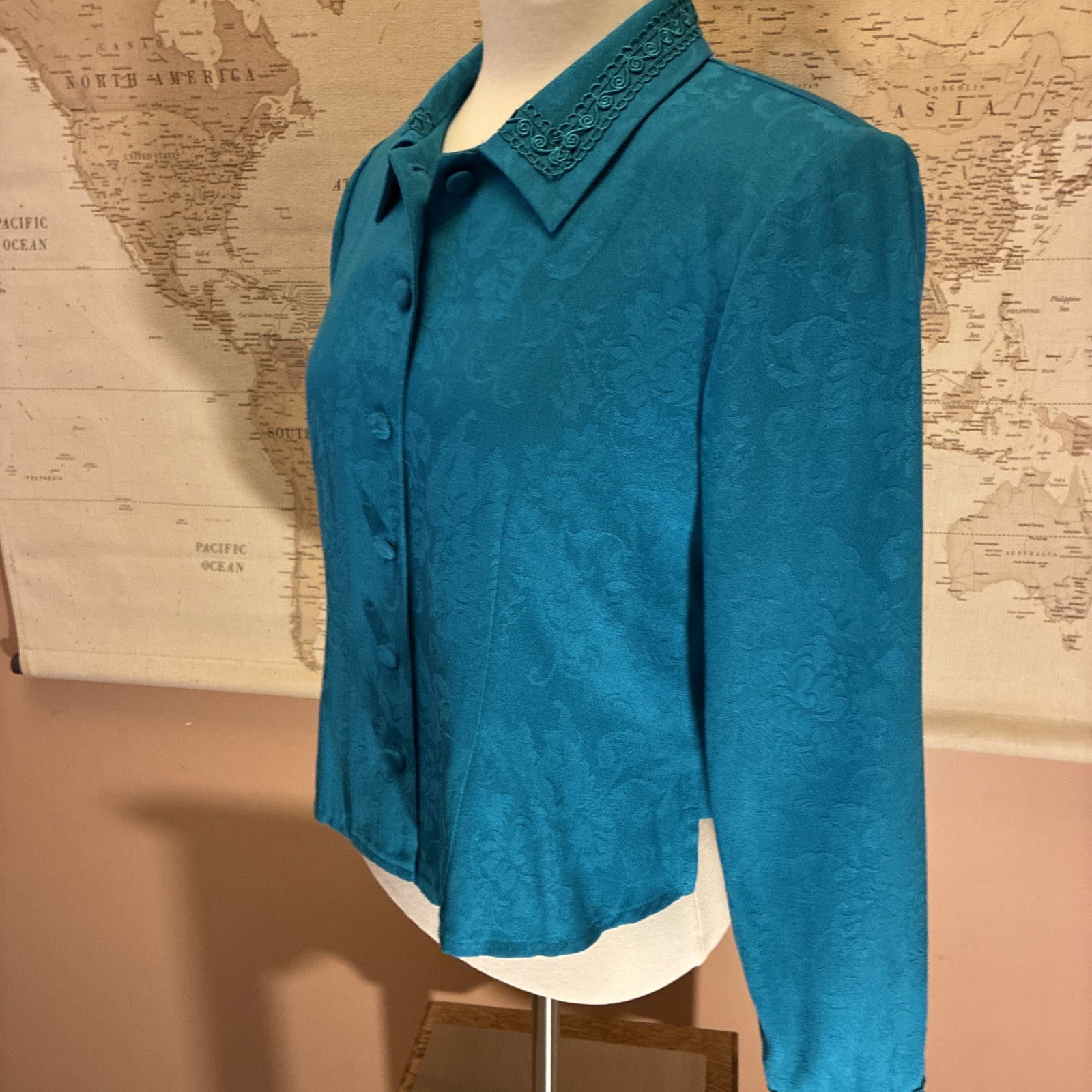 VNTG Women Teal Blue Jacket Shirt Buttons Lace Embellished 10 P Blue Unique 90s