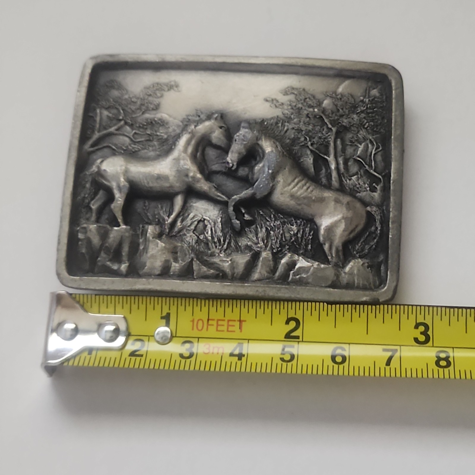 Vintage 1978 IMC Pewter Belt Buckle Two Wild Stallions Horses Western Americana