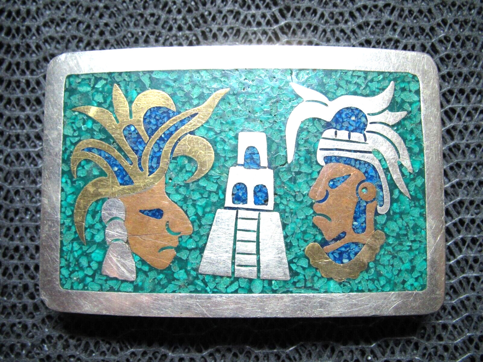 AZTEC MAYAN WARRIOR STONE INLAY BELT BUCKLE! VINTAGE! HANDMADE! 1980s! MEXICO!