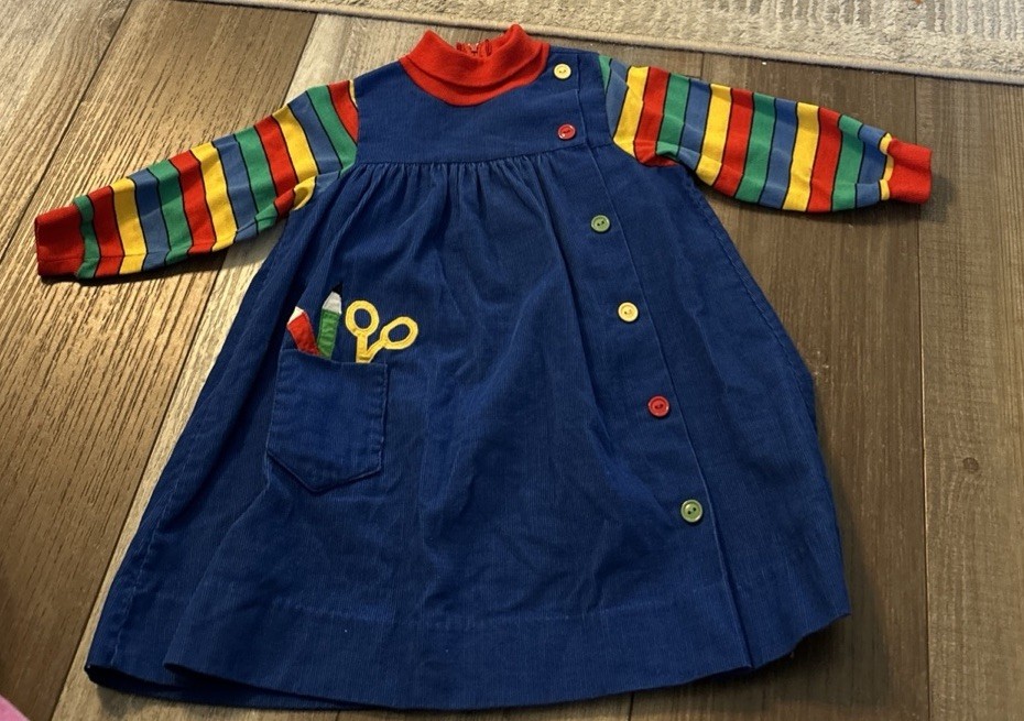 Vintage Betti Terrell by Johnston Blue Corduroy Colorful Crayons Pocket T 3