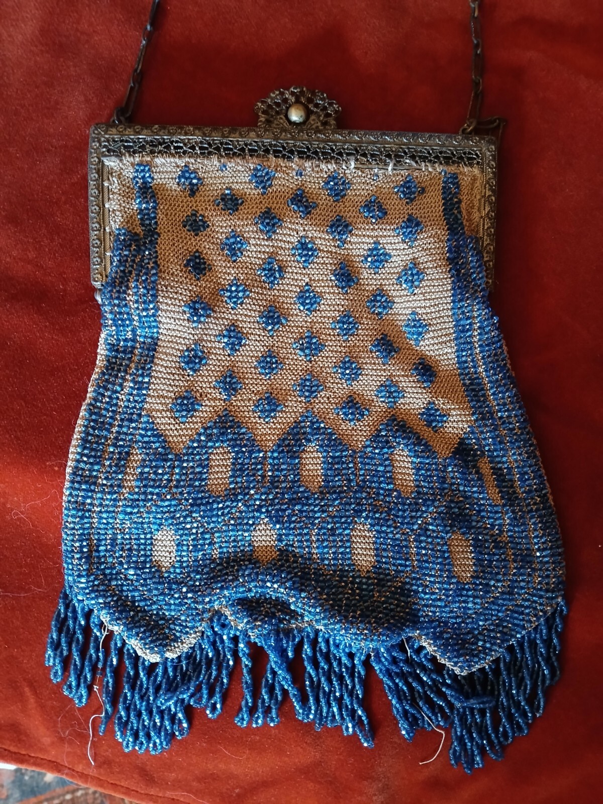 Superb Edwardian Beaded blue and gold Evening Bag, metal frame, looped fringe