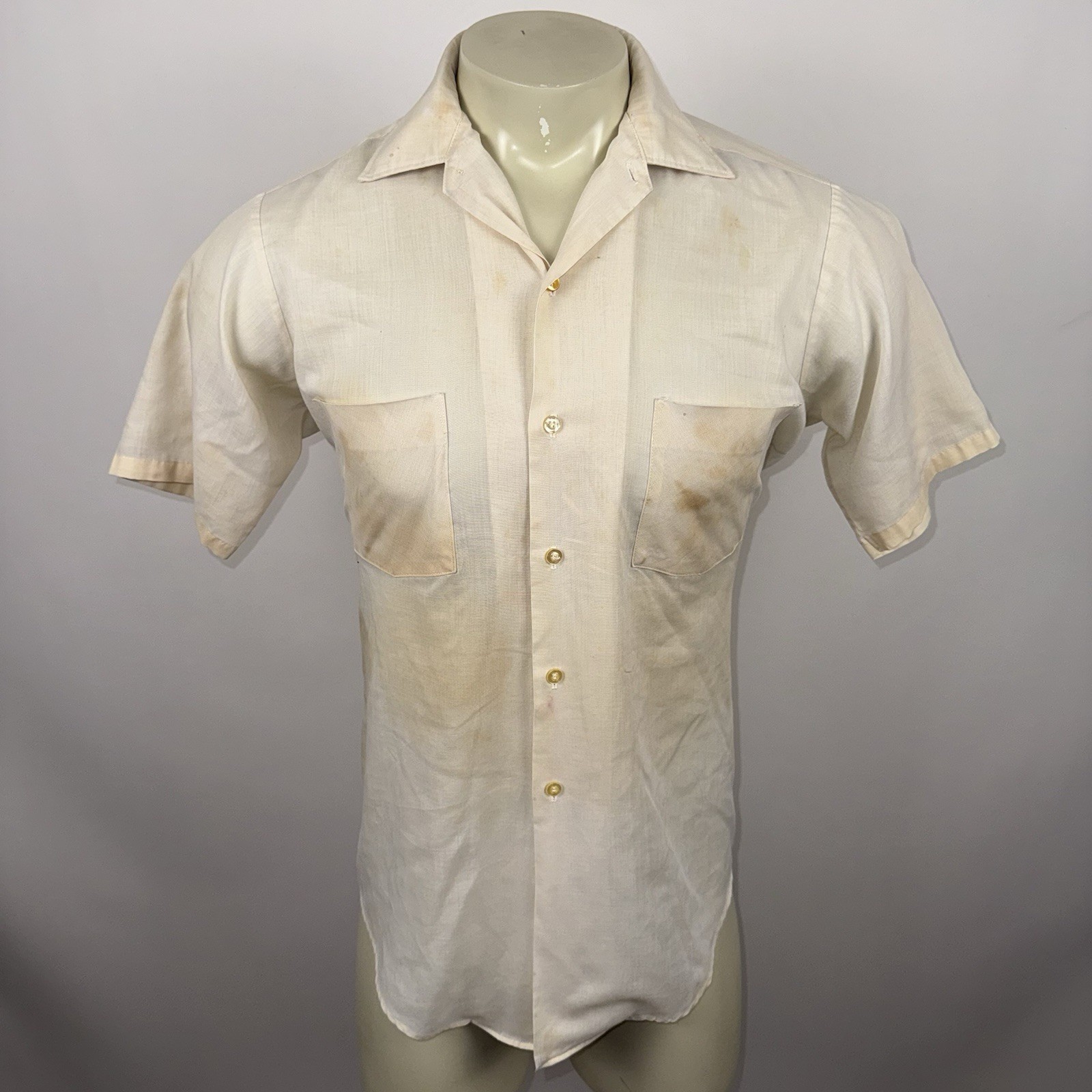 1960s Van Heusen Dress Shirt Sanforized Vintage Medium Mens 15 Flaws Distressed