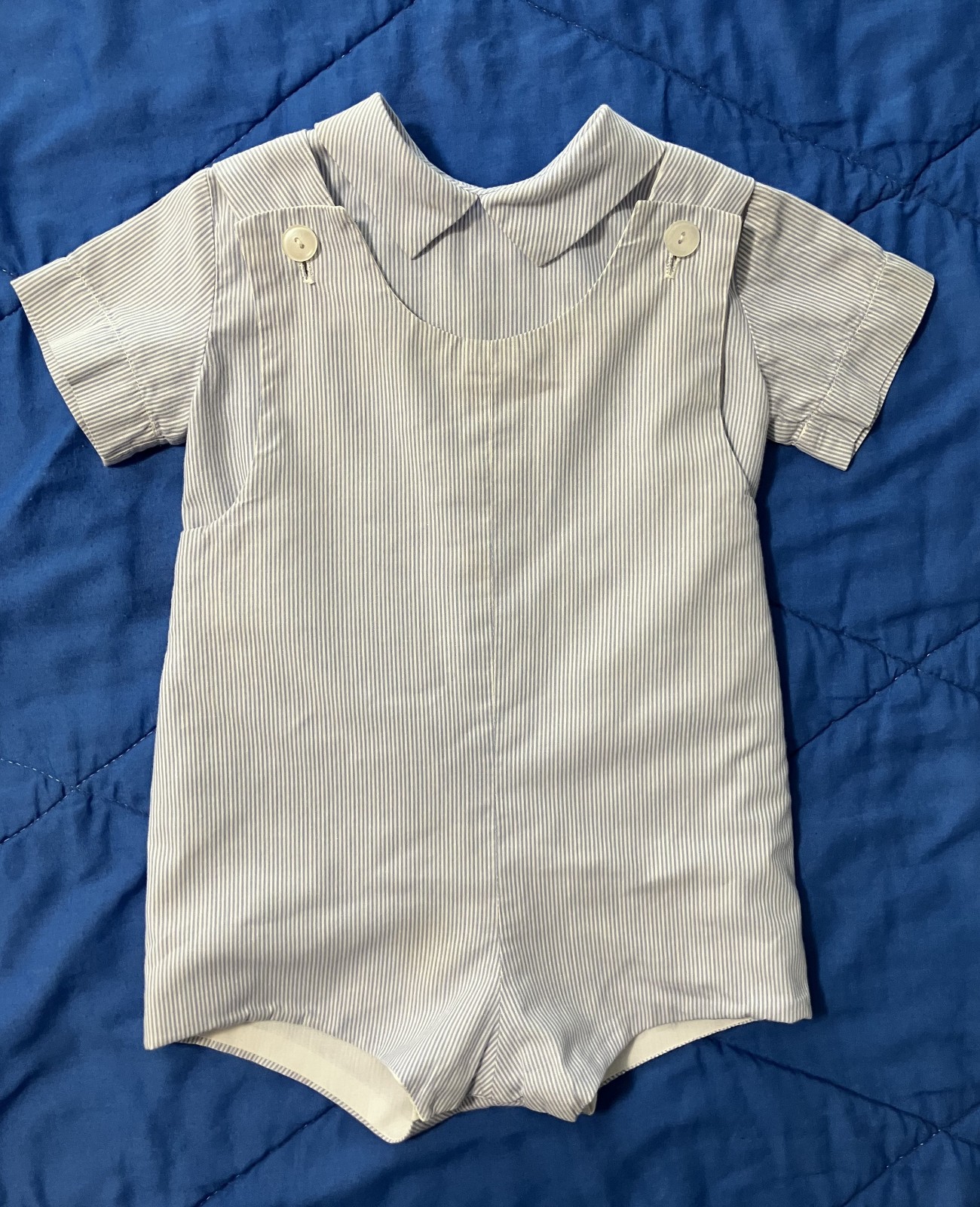 Vtg Sylvia Whyte Boys Blue and White Pin-Striped Romper with Matching Shirt