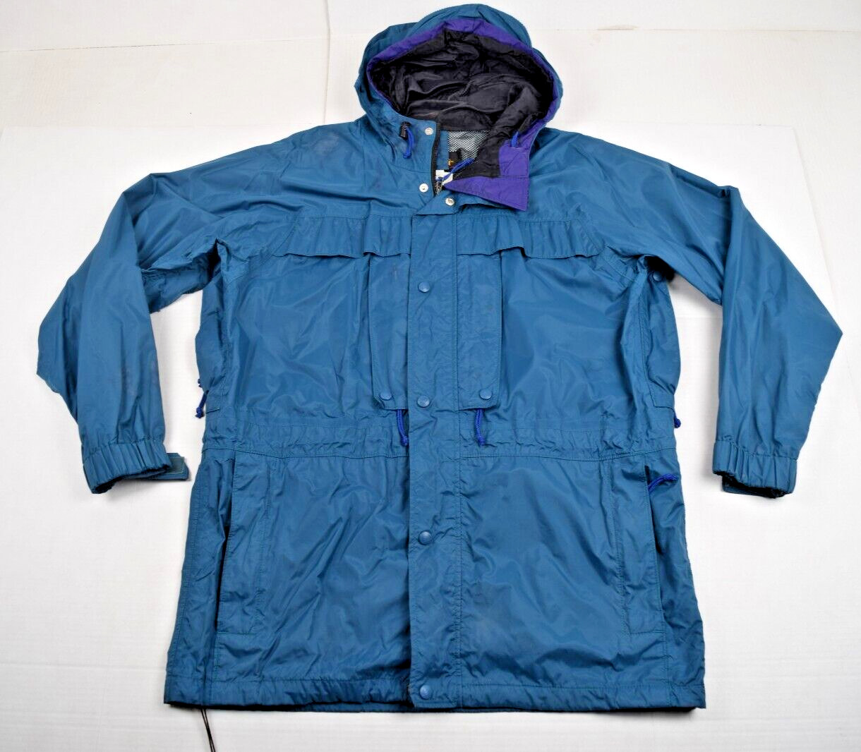 Vintage REI Elements Series Jacket Size L 90s Teal Blue Billed Hood Cinch Waist