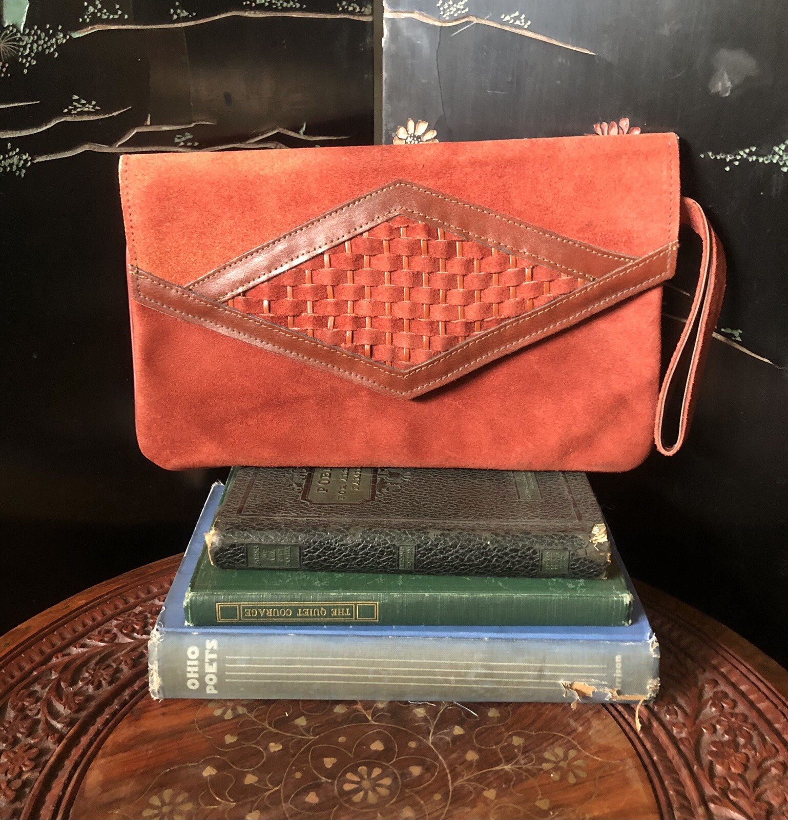 Vintage 70’s Rust Orange Suede Wristlet Clutch With Basket Weave Detail