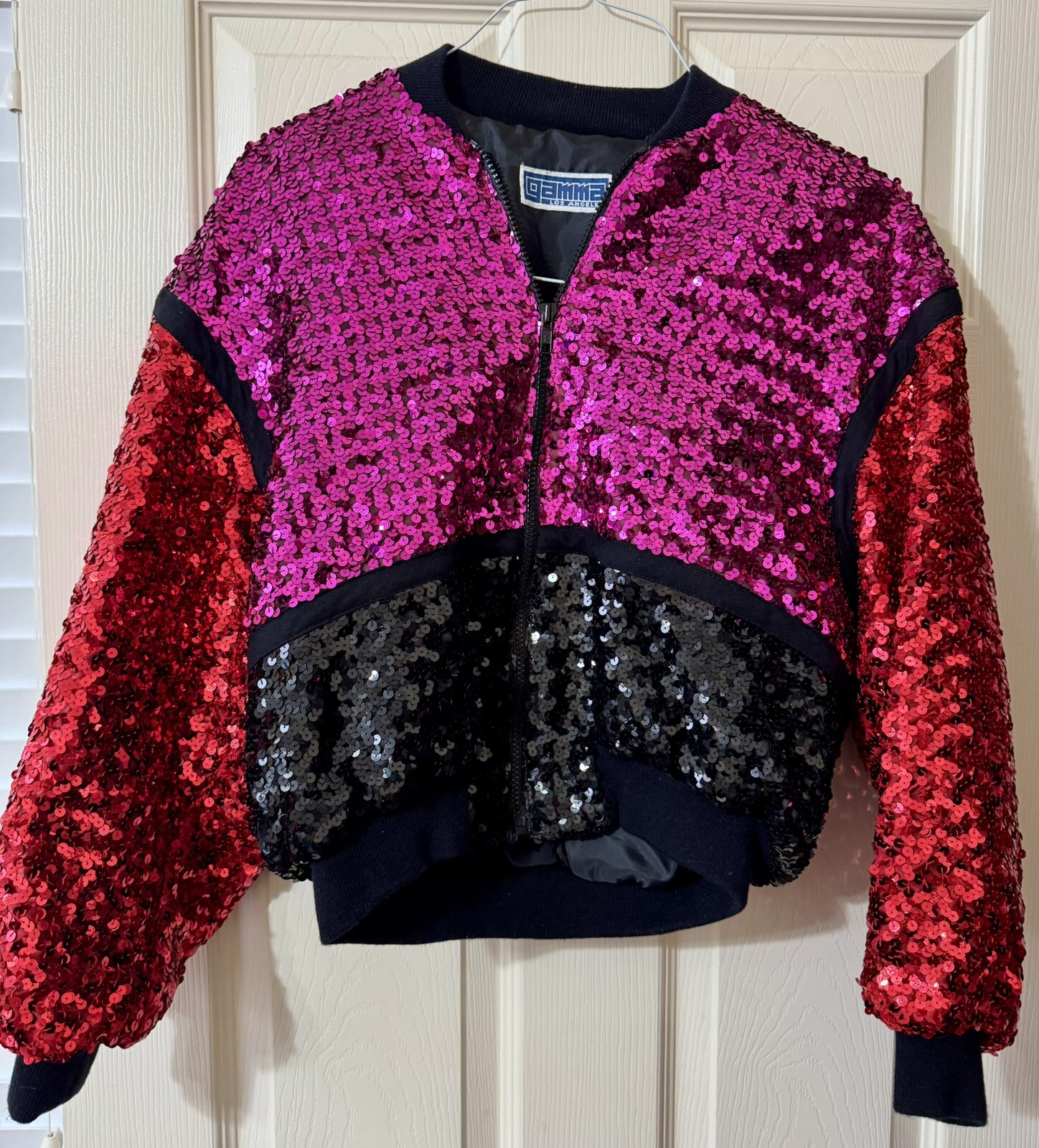 Pink Red Sequin Black Bomber Jacket Vintage All Over Gamma Size Small Colorblock