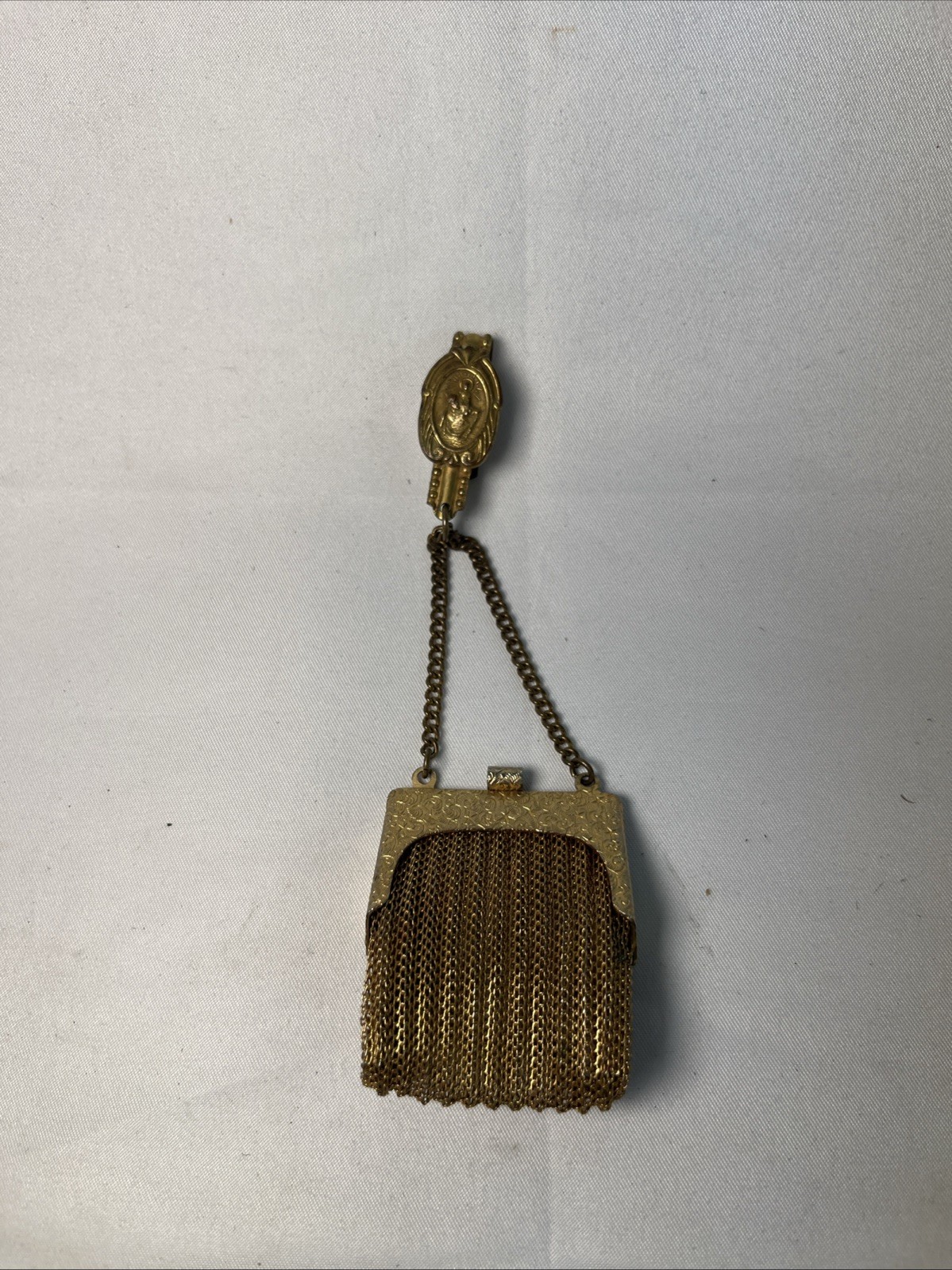 Antique Belt Coin Purse Mesh Gold Tone Metal Religious Medallion Hook