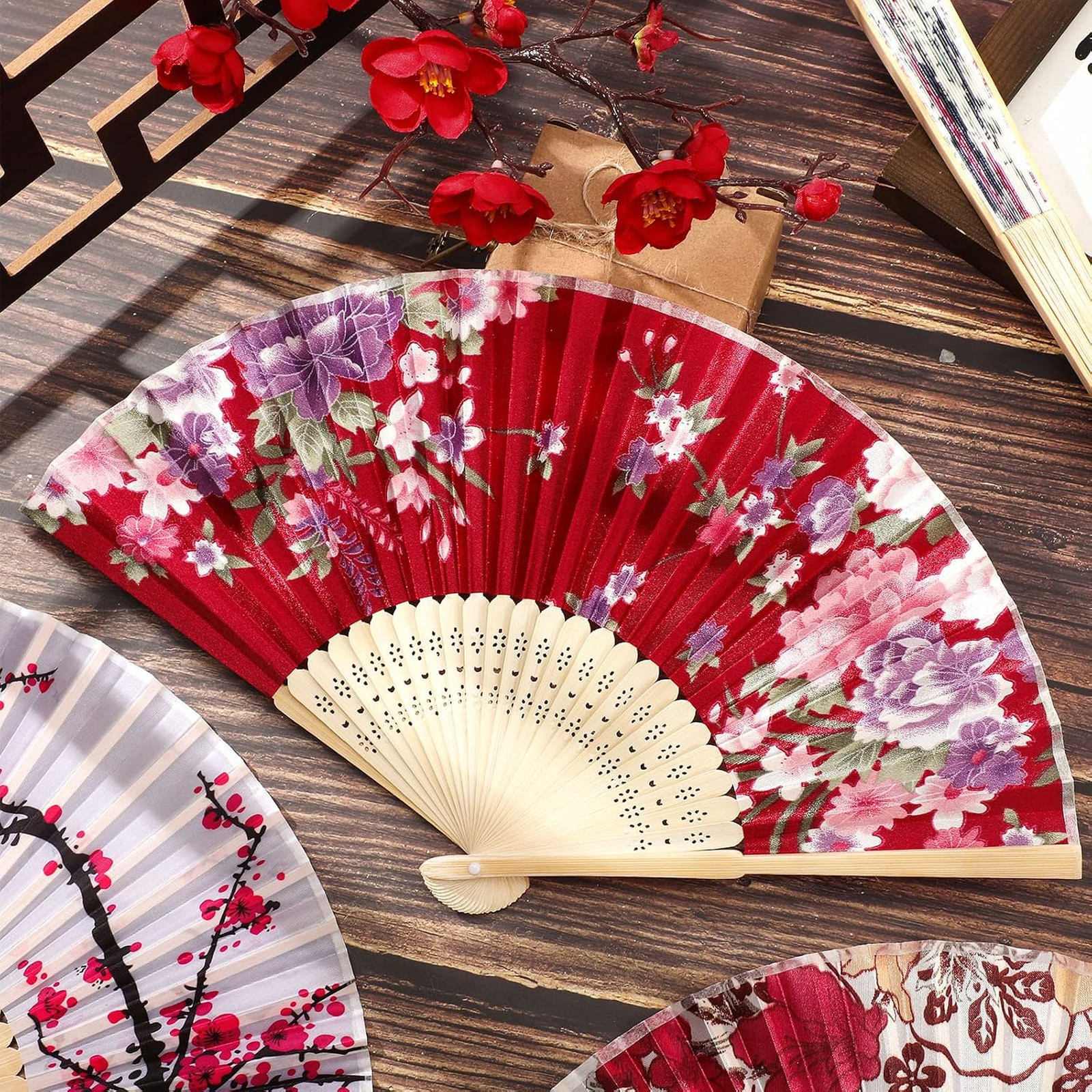Decorative Folding Hand Fans 24 Pieces Floral Chinese Style Bamboo Rib for Women