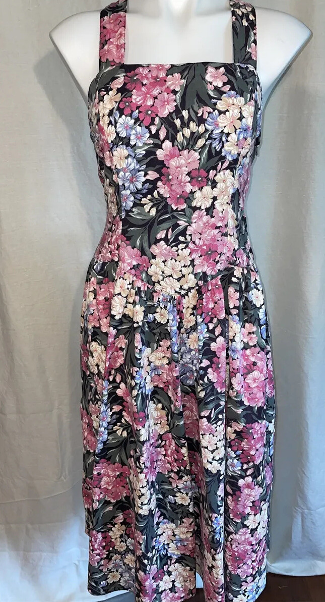 Vtg Dawn Joy 11 12 L Sleeveless Dress Floral Black Pink Set 80s 90s Faux Corset