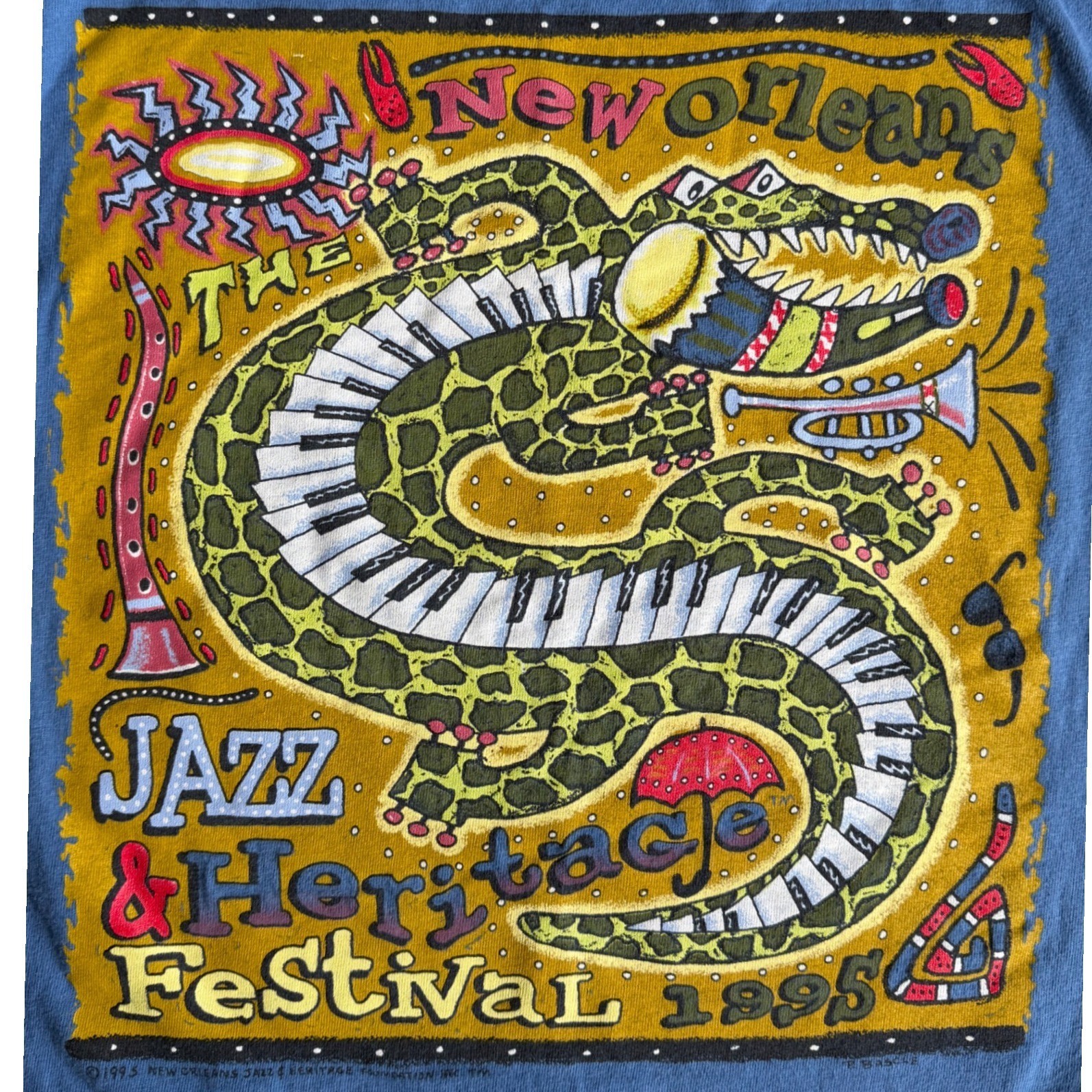 Vintage 1995 New Orleans Jazz & Heritage Festival Shirt Hanes Beefy-T Blue Large