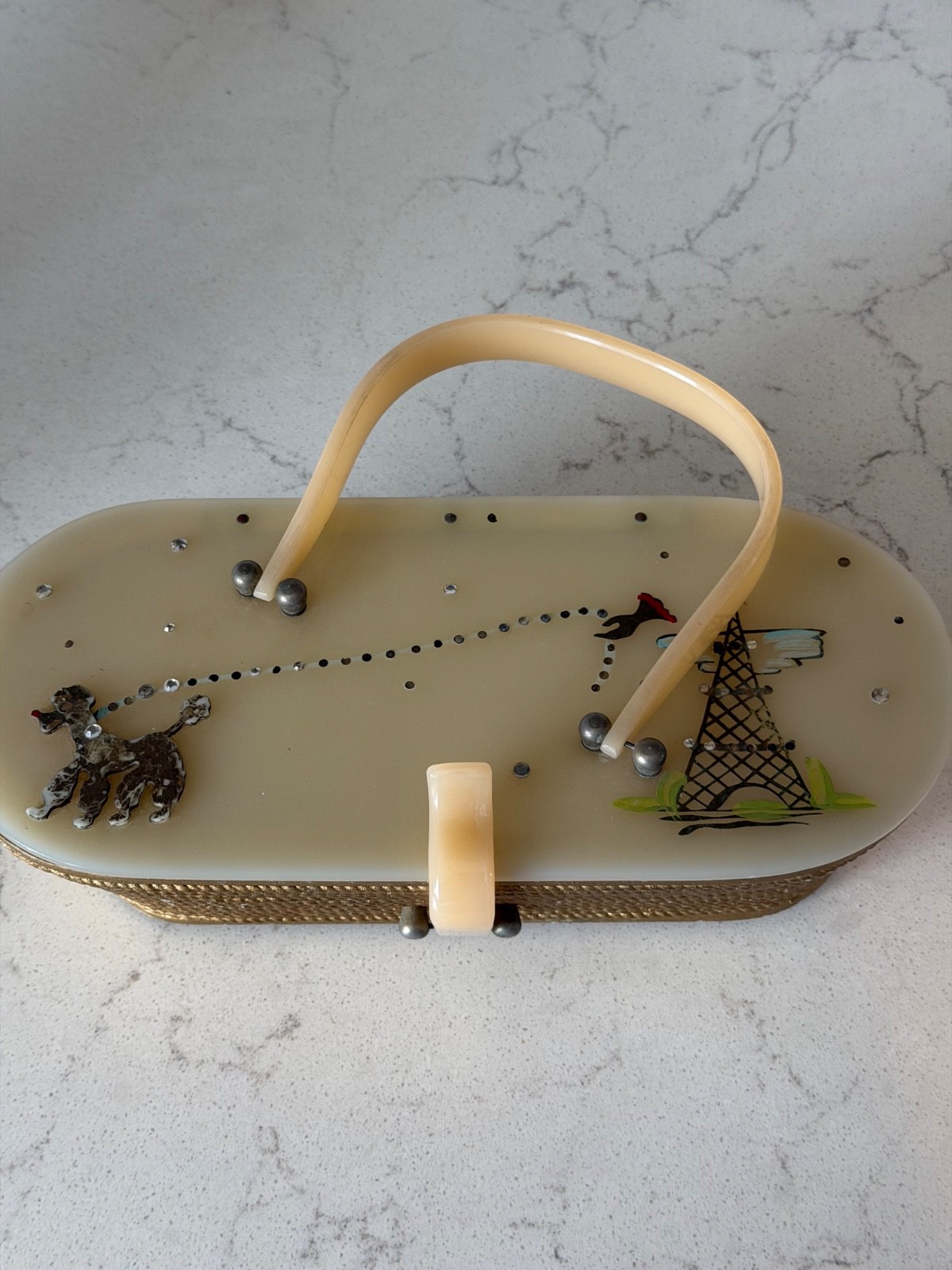 VTG 1950s Lucite French Poodle Rhinestone Miami Hand Painted Box Purse Handbag