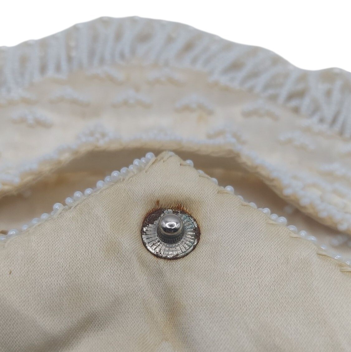 Vintage 50s Hand Beaded White Satin Purse Evening Bag Fringe & Sequins Hong Kong