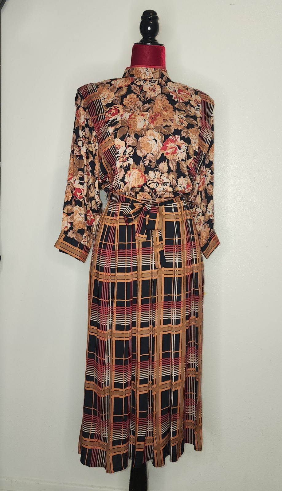 Vintage 80s California Girl Petrina Aberle Mixed Print Midi Dress Floral Plaid S