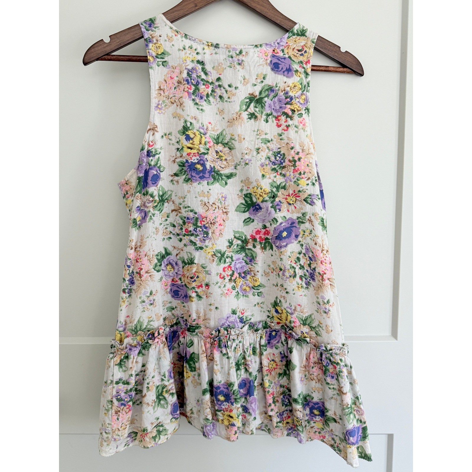 Rare Vintage Forever 21 100% Cotton Beige Floral Ruffled Tank Top Size Medium