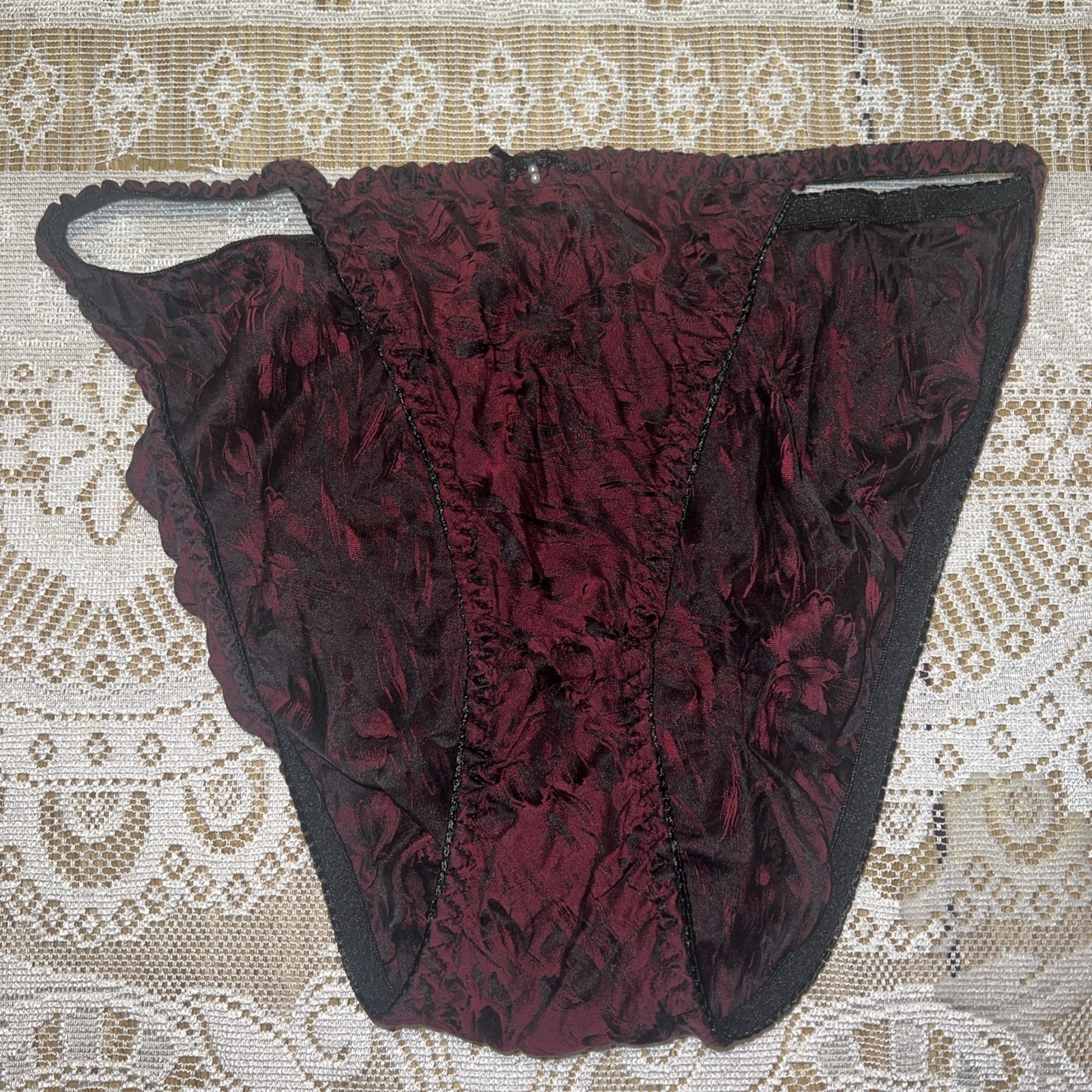 Vintage 90s Silkscreen Black Silk String Bikini Panties Bow Sz 7 Large EUC