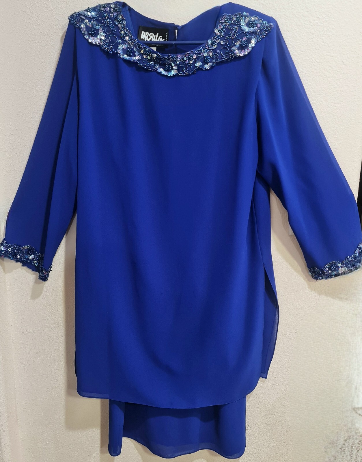 VINTAGE Ursula of Switzerland Sz 12 2pc DRESSY DRESS ~ BLUE w/BEADED TRIM ~ NEW