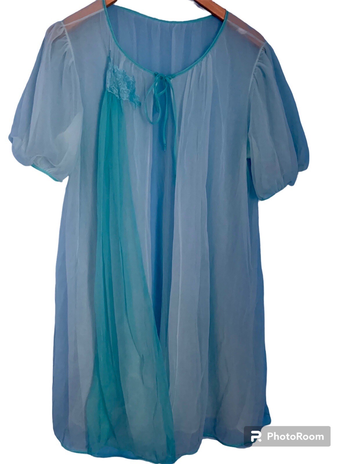 Vintage Carol Brent Blue Nylon Puff Sleeves Robe Size L