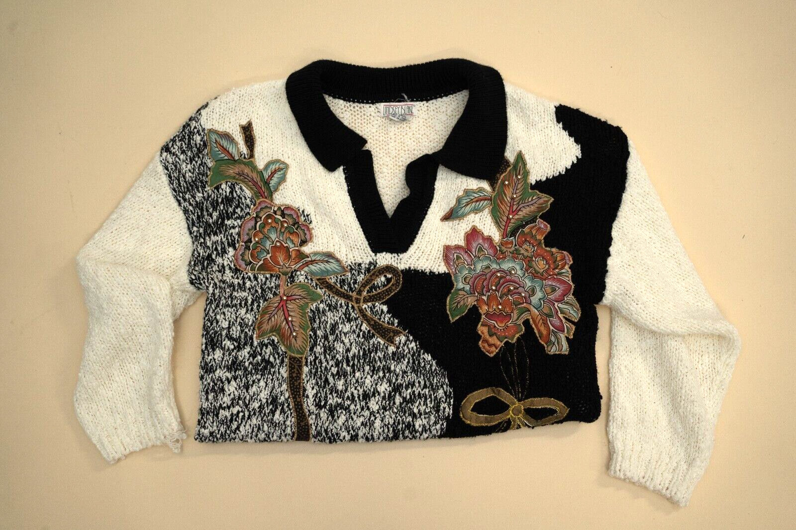 LINDSEY BLAKE WOMEN TOP VINTAGE MULTICOLOR FLORAL SWEATER SIZE M EMBROIDERY