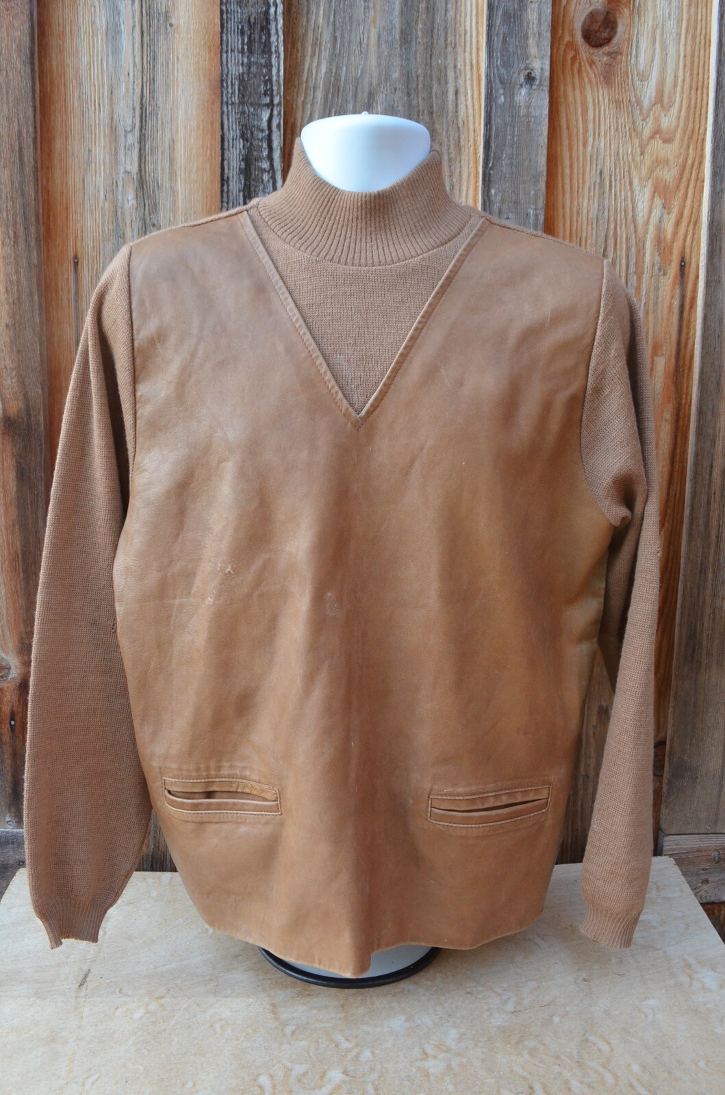Vintage Holt Renfrew Mens Leather Knit Wool Rayon Shirt Made in Denmark LARGE
