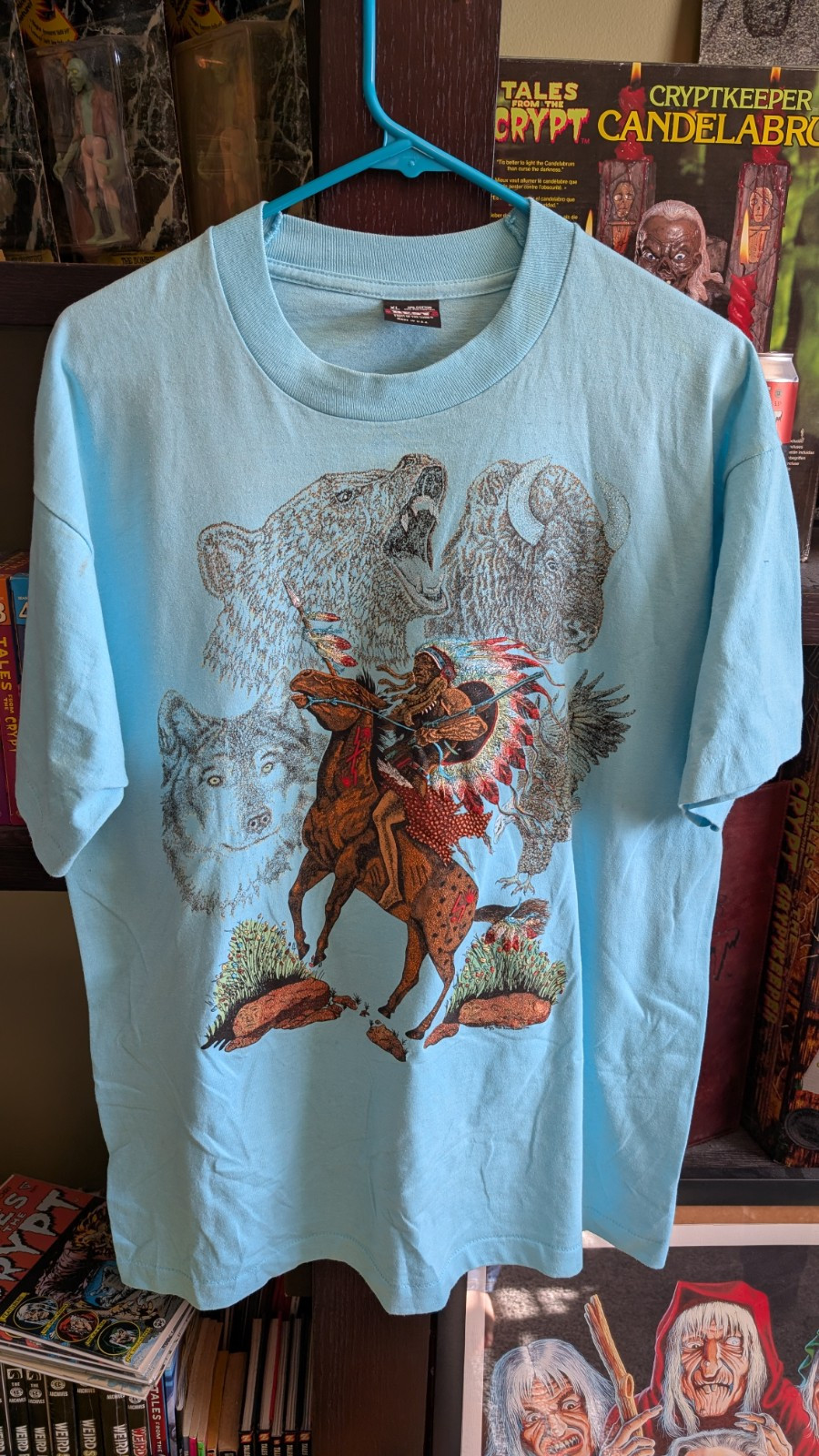 Vintage Native American Animals Blue T Shirt Rag Tops Sportswear Embroidered XL