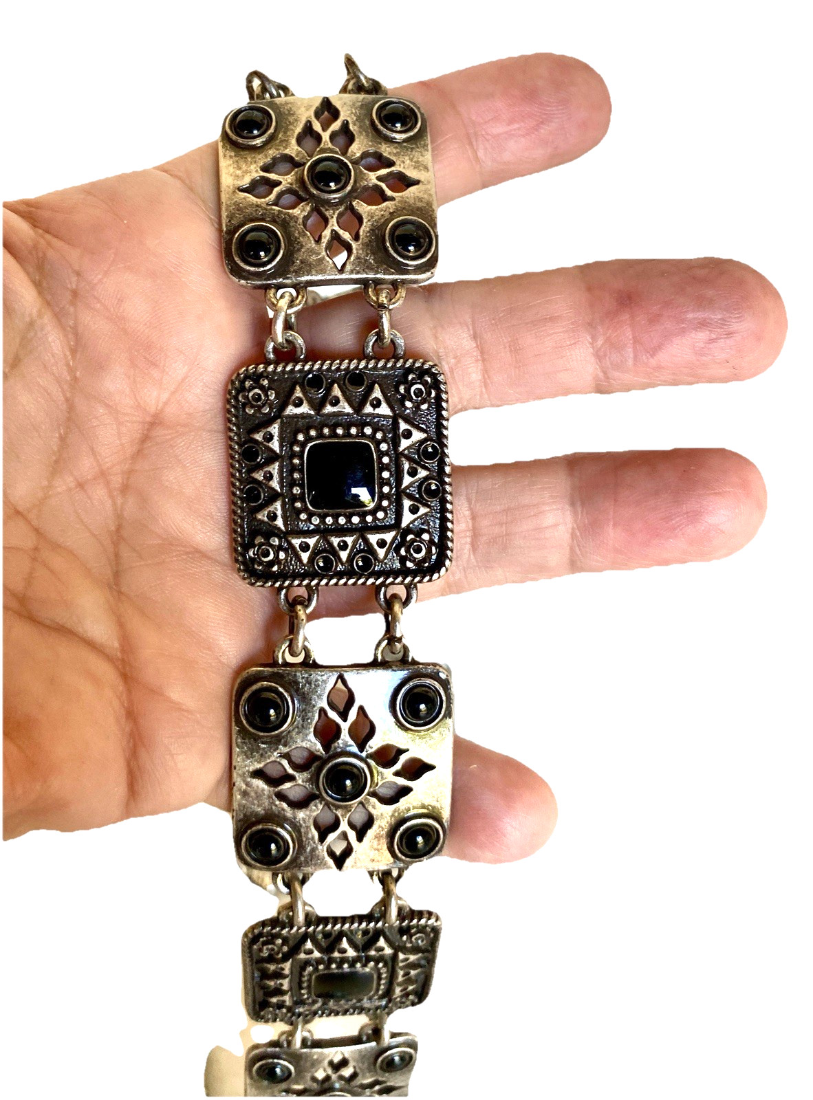 Adjustable Silver Tone Metal Belt with Black Enamel Accents, 32″ to 39″