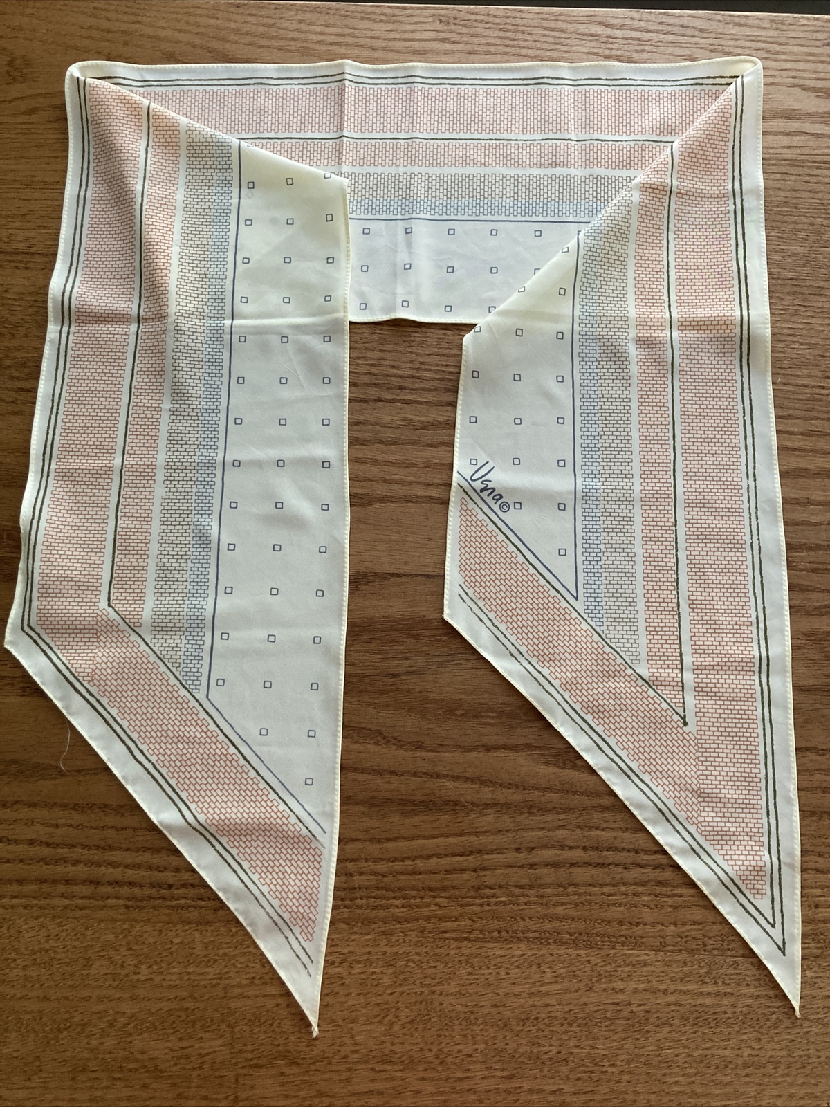 Vera Neumann Veresa Scarf 1970-80s Headband Ponytail Belt Cream Blue Gray 7 x 60