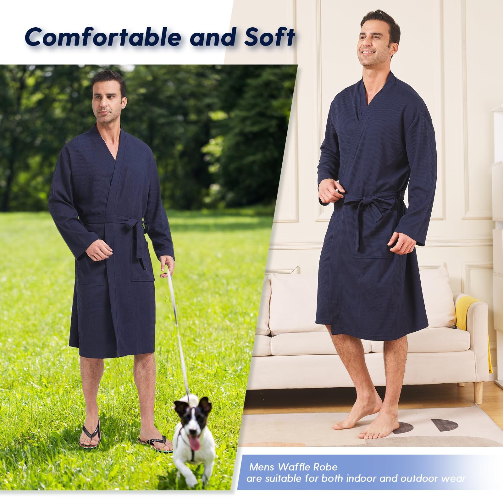 FashGudim Mens Lightweight Waffle Knit Robe Soft Large-X-Large Tall, Navy