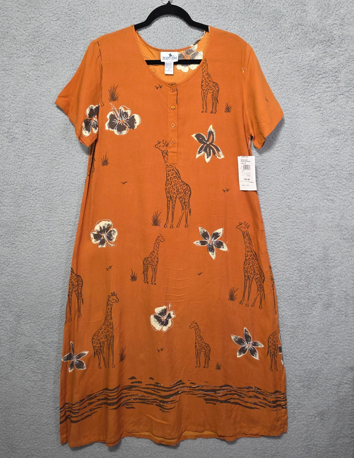 Vintage Desert Items Rayon Maxi Dress African Safari Orange Medium 90s NWT