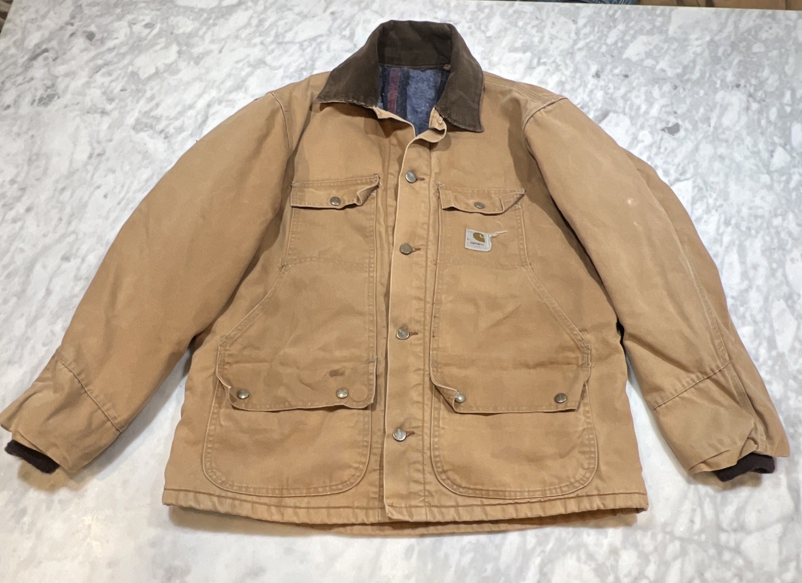 Vintage Carhartt Blanket Lined Duck Canvas Jacket 4 Front Flap Snap Pockets Men