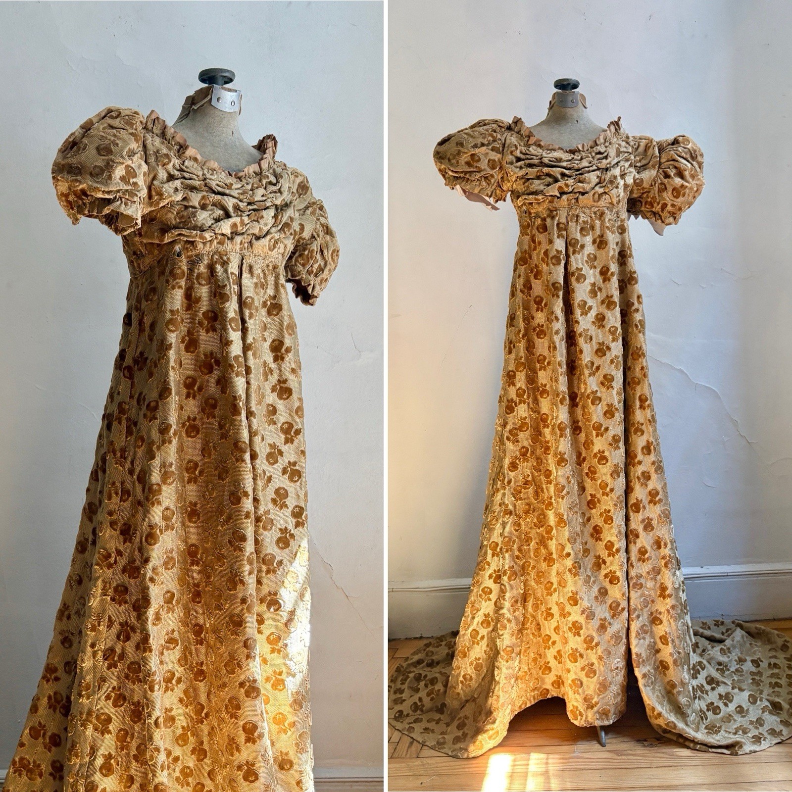 Antique 1810s Regency Court Gown Empire Waist Gold Velvet Burnout Puff Sleeves