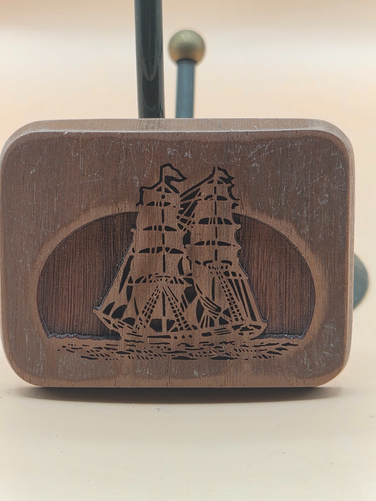 Vintage Lasercraft Boat Ship Belt Buckle, Wooden Buckle, 1977 Ocean Sailing Ship
