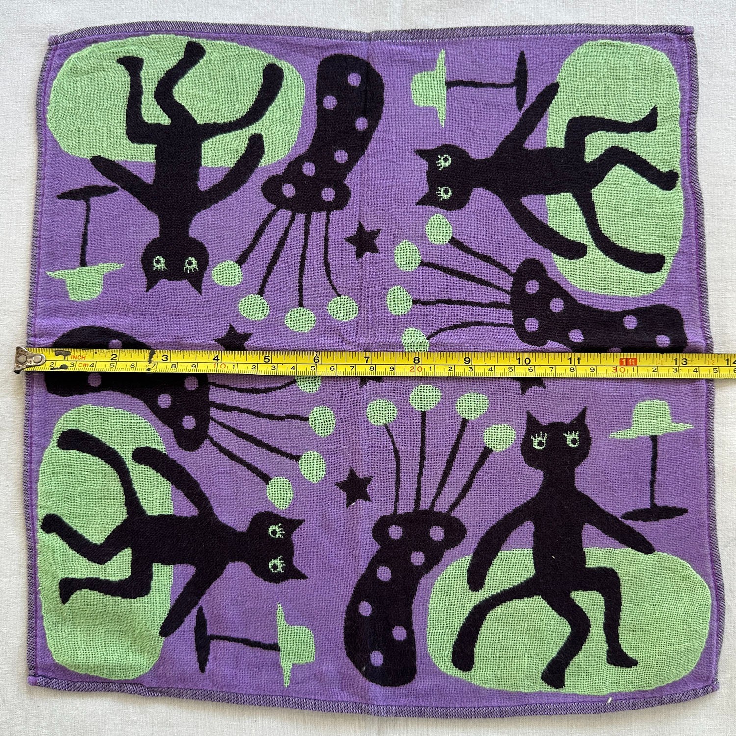 Vintage Small Beach Purple Towel Retro Black Cats on Green Sofa Cute Hanky 14″