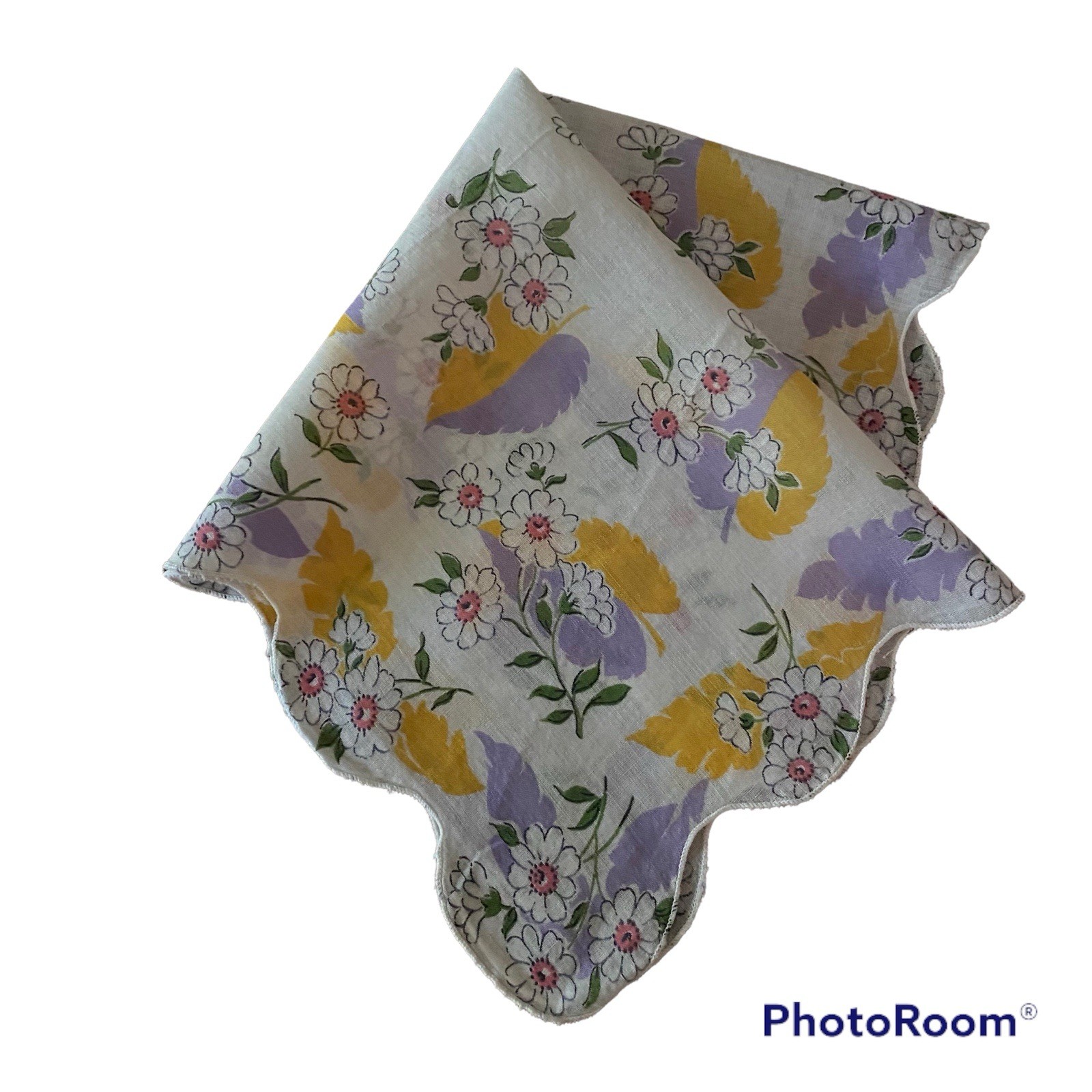 Vtg Hanky Handkerchief Flowers Floral Purple Yellow Pink White Scalloped Hem