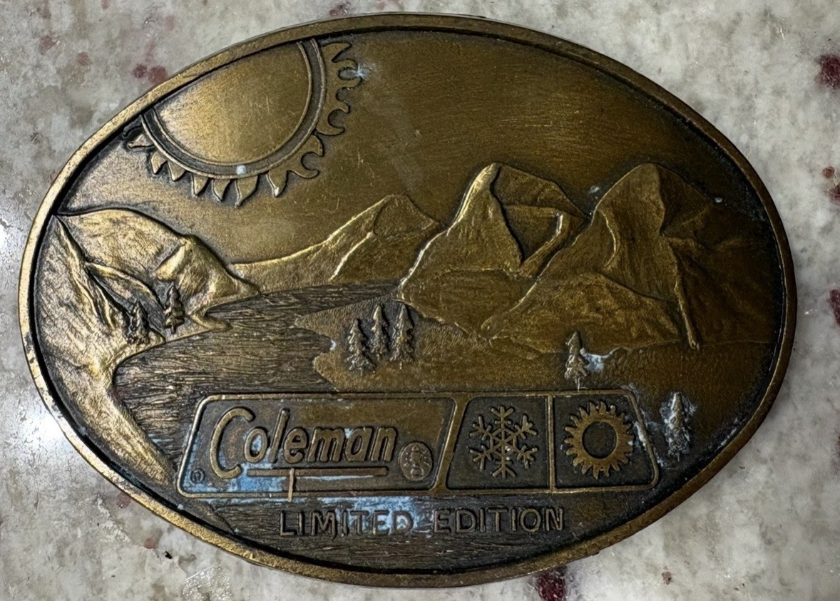 Coleman Limited Edition Belt Buckle Brass Metal Vintage Mountain Stream