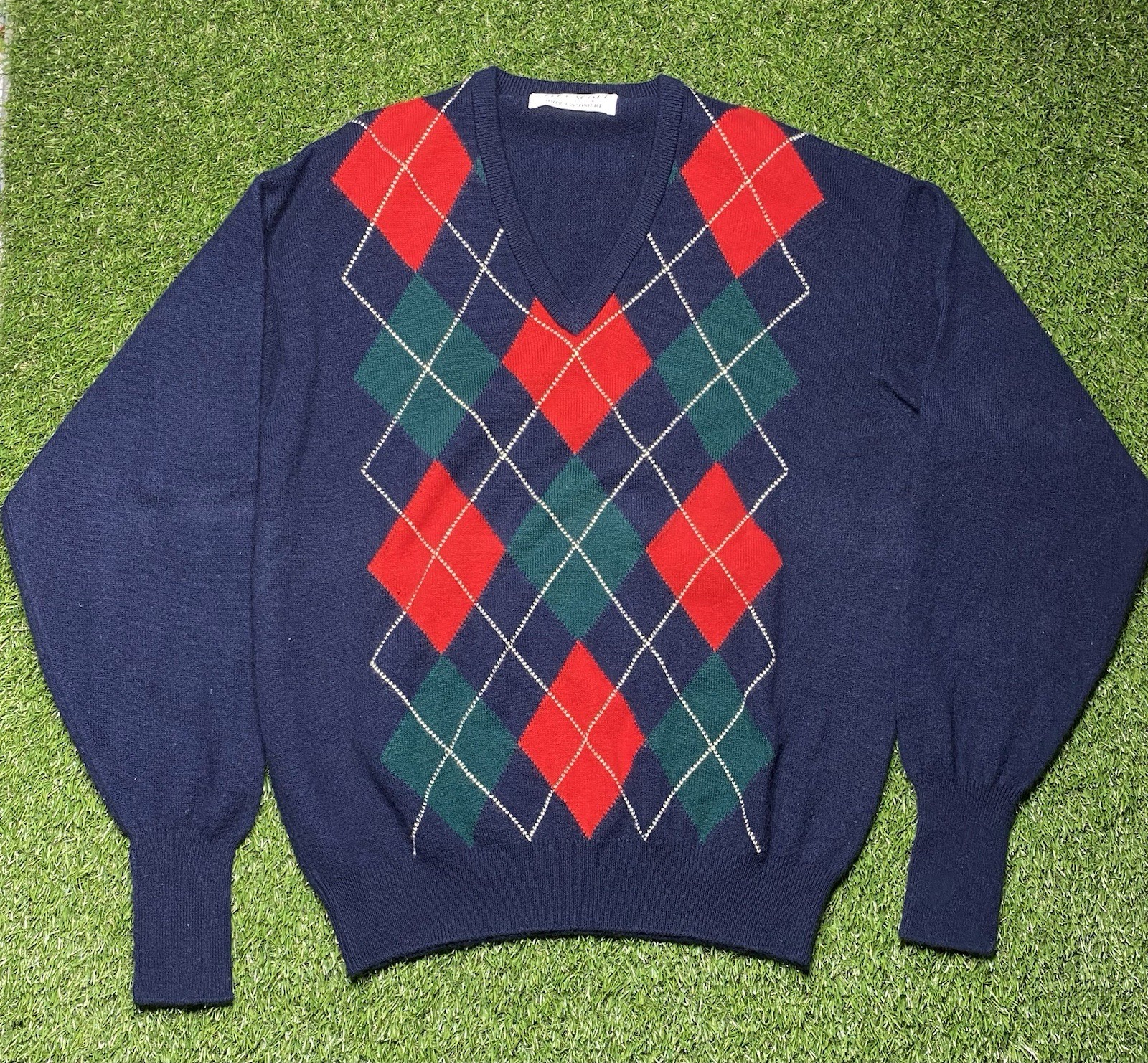 Vintage Lyle & Scott Men’s 100% Cashmere Argyle Sweater Blue Tartan SCOTLAND