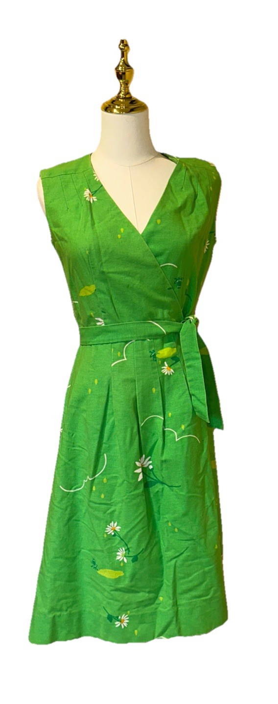Vintage Malia Honolulu Green Frog And Daisy Sleeveless Dress With Belt